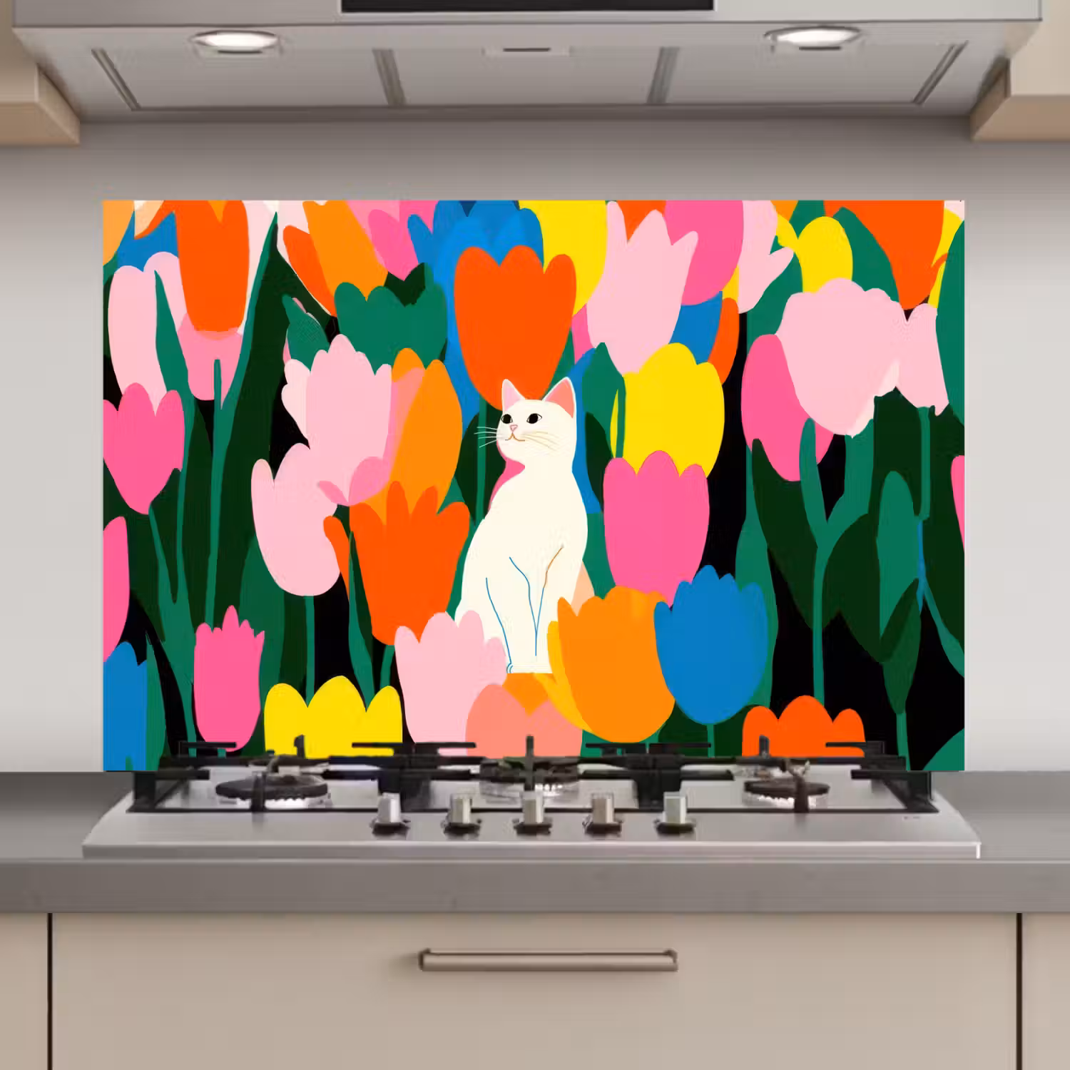 Tulpen - Kat - Kleurrijk keuken achterwand spatscherm klein -3d_website