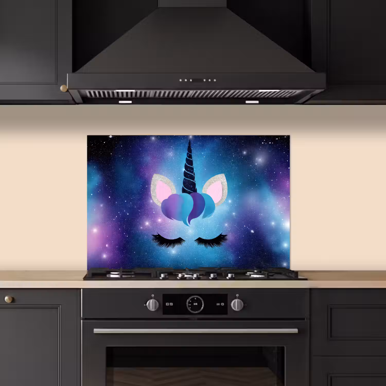 Eenhoorn - Sterren - Blauw keuken achterwand spatscherm klein -sfeer1