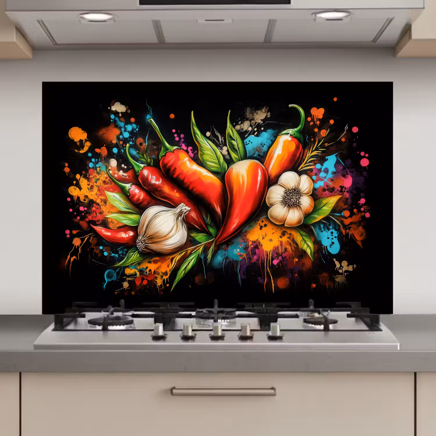 Groente - Peper - Knoflook - Graffiti - Verf - Kleurrijk keuken achterwand spatscherm klein -3d_website