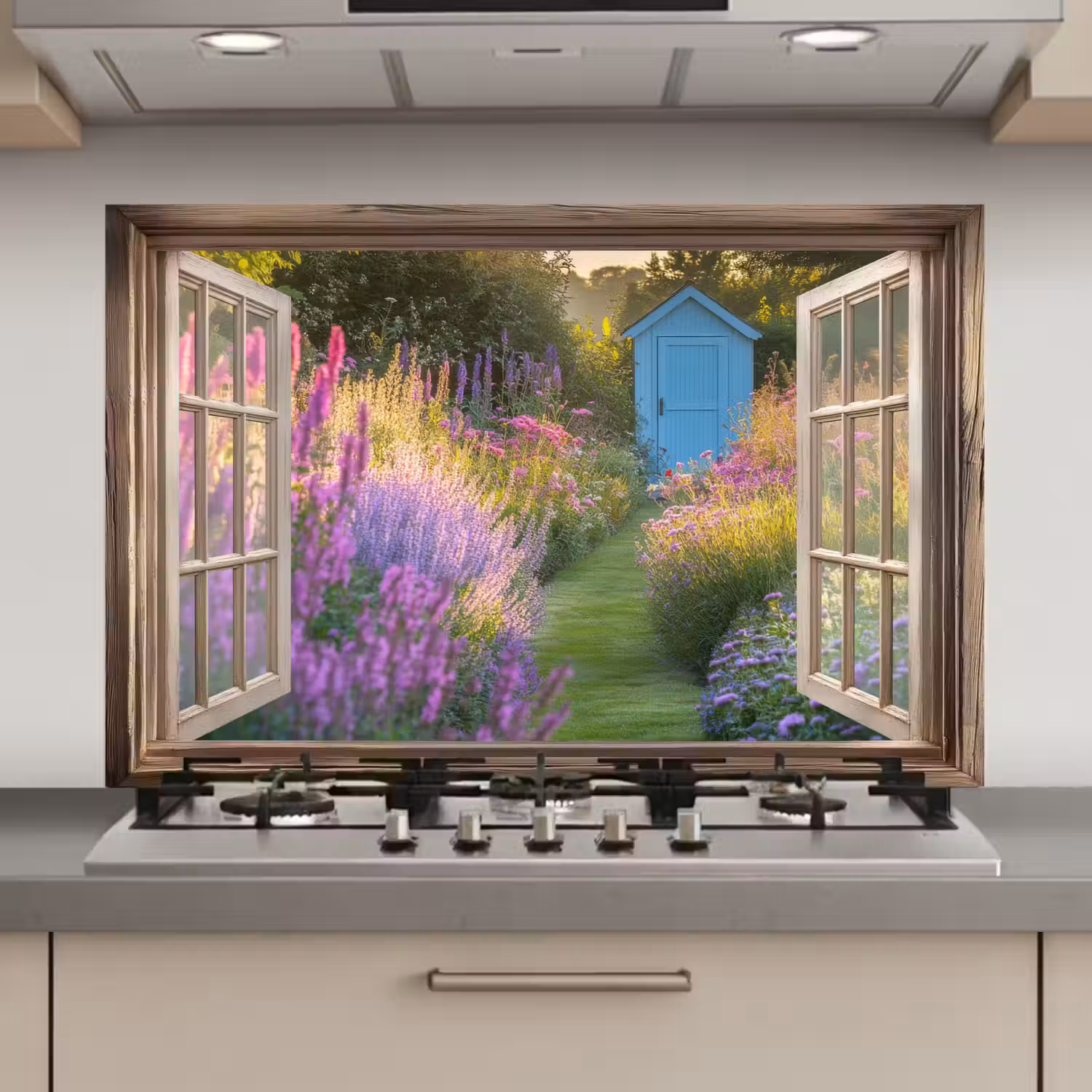 Doorkijk - Bloemen - Raam - Natuur keuken achterwand spatscherm klein -3d_website