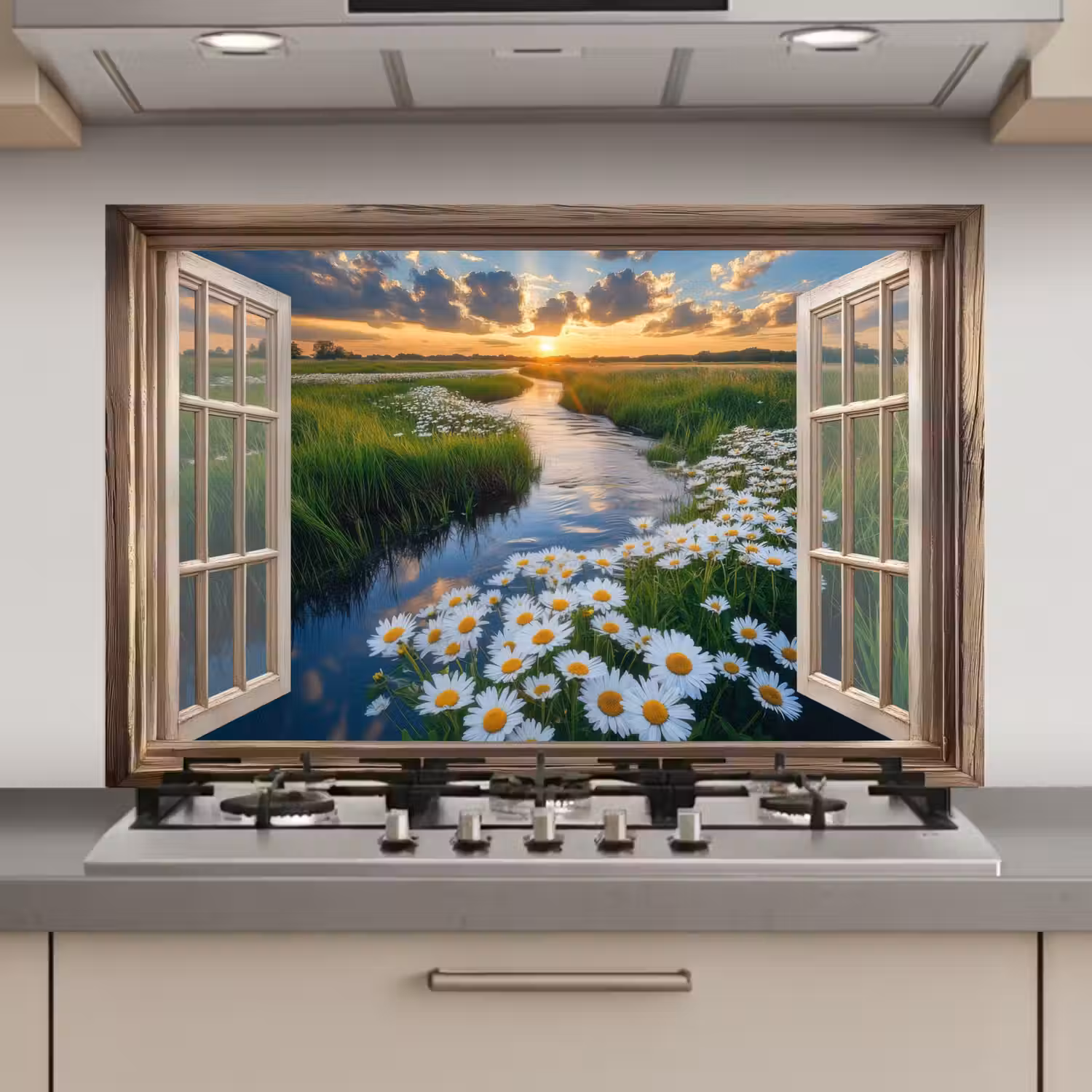 Doorkijk - Landschap - Raam - Water - Zonsondergang keuken achterwand spatscherm klein -3d_website