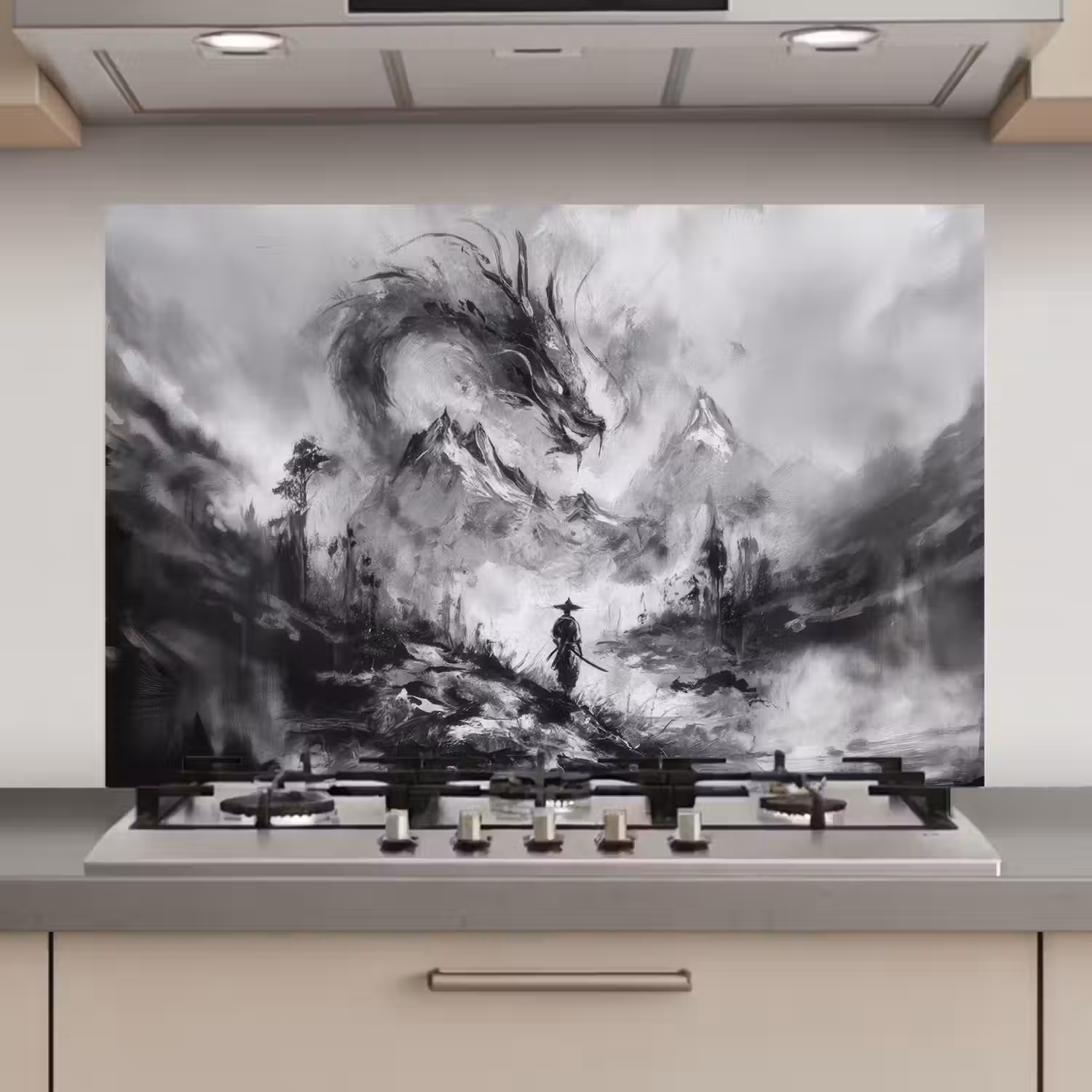 Krijger - Draak - Grijs keuken achterwand spatscherm klein -3d_website