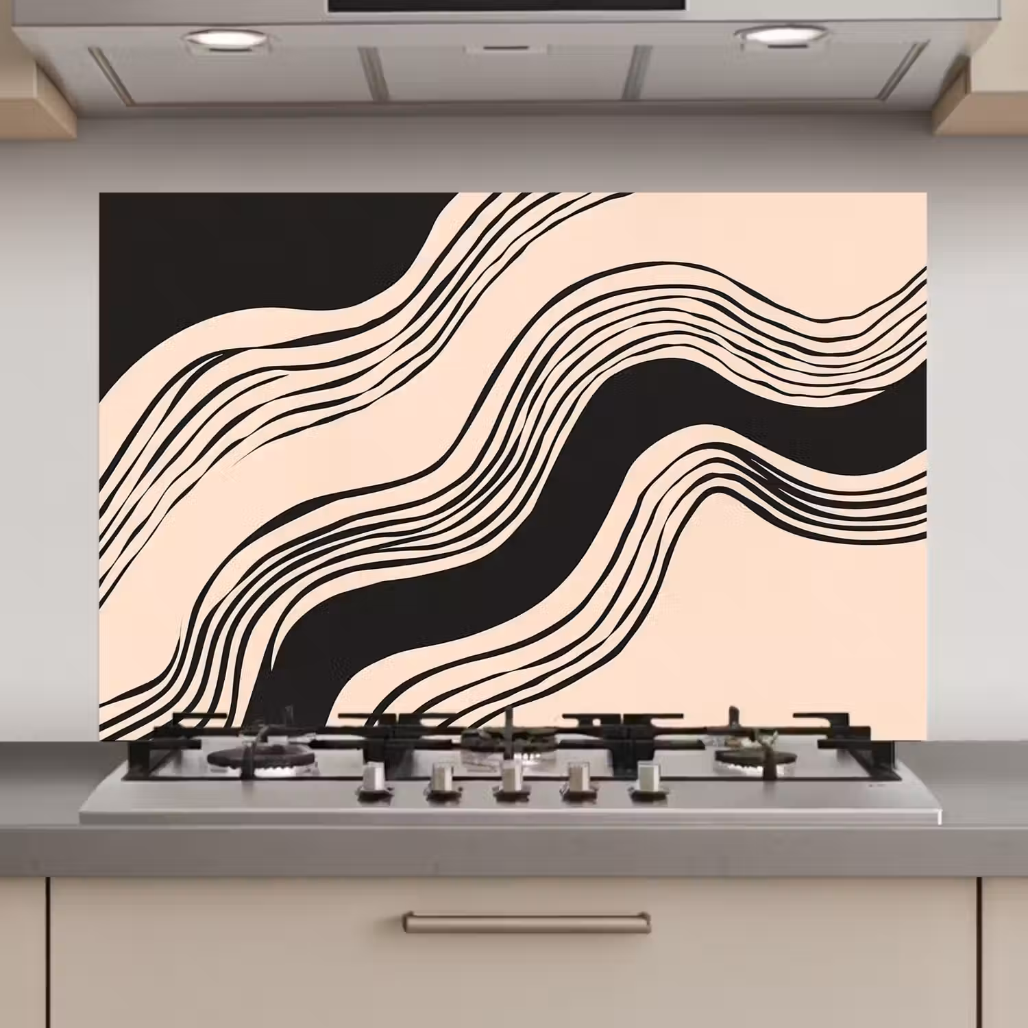 Golven - Zwart - Zandkleur keuken achterwand spatscherm klein -3d_website