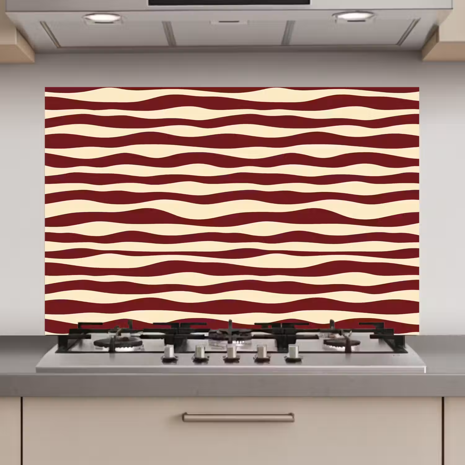 Golven - Rood - Patroon - Crème keuken achterwand spatscherm klein 900 -3d_website