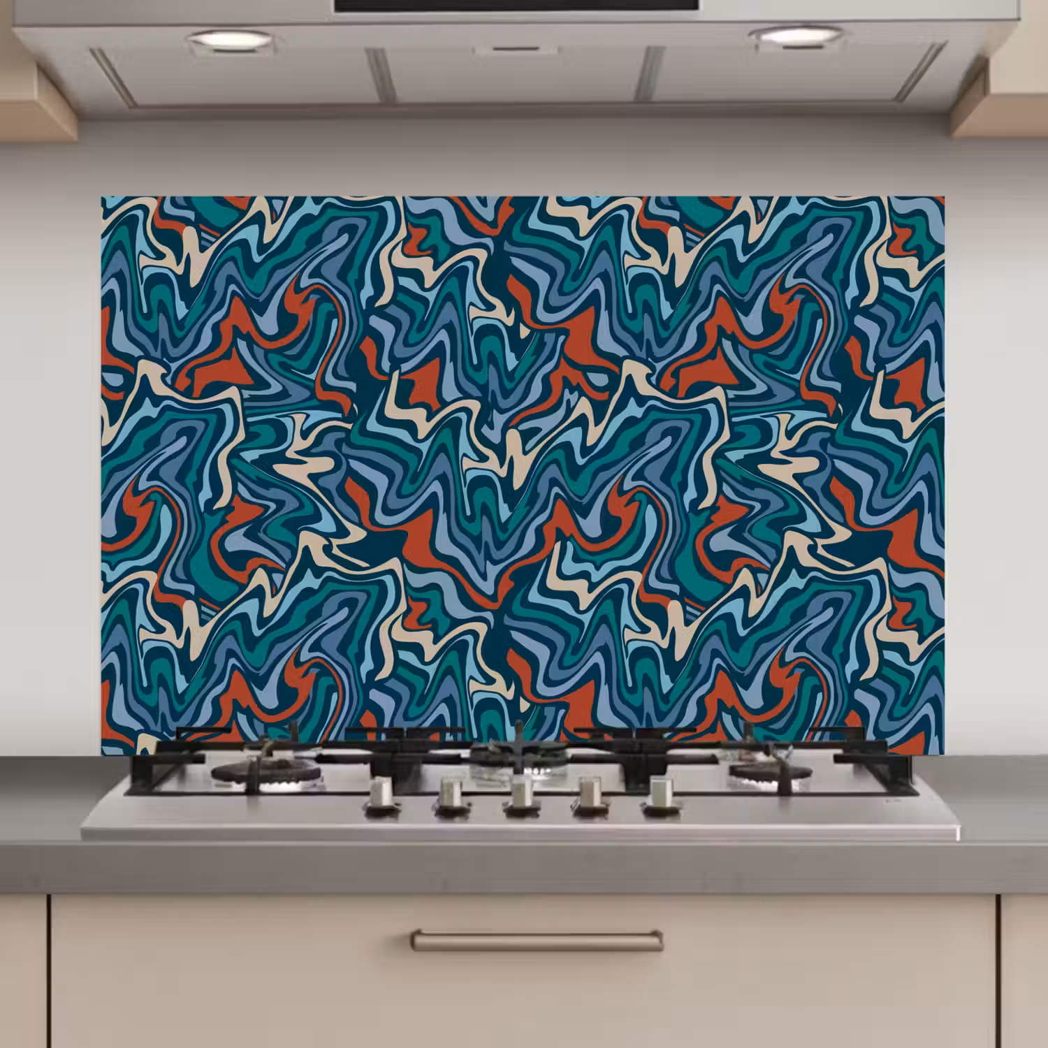 Golven - Retro - Blauw - Patroon keuken achterwand spatscherm klein 900 -3d_website