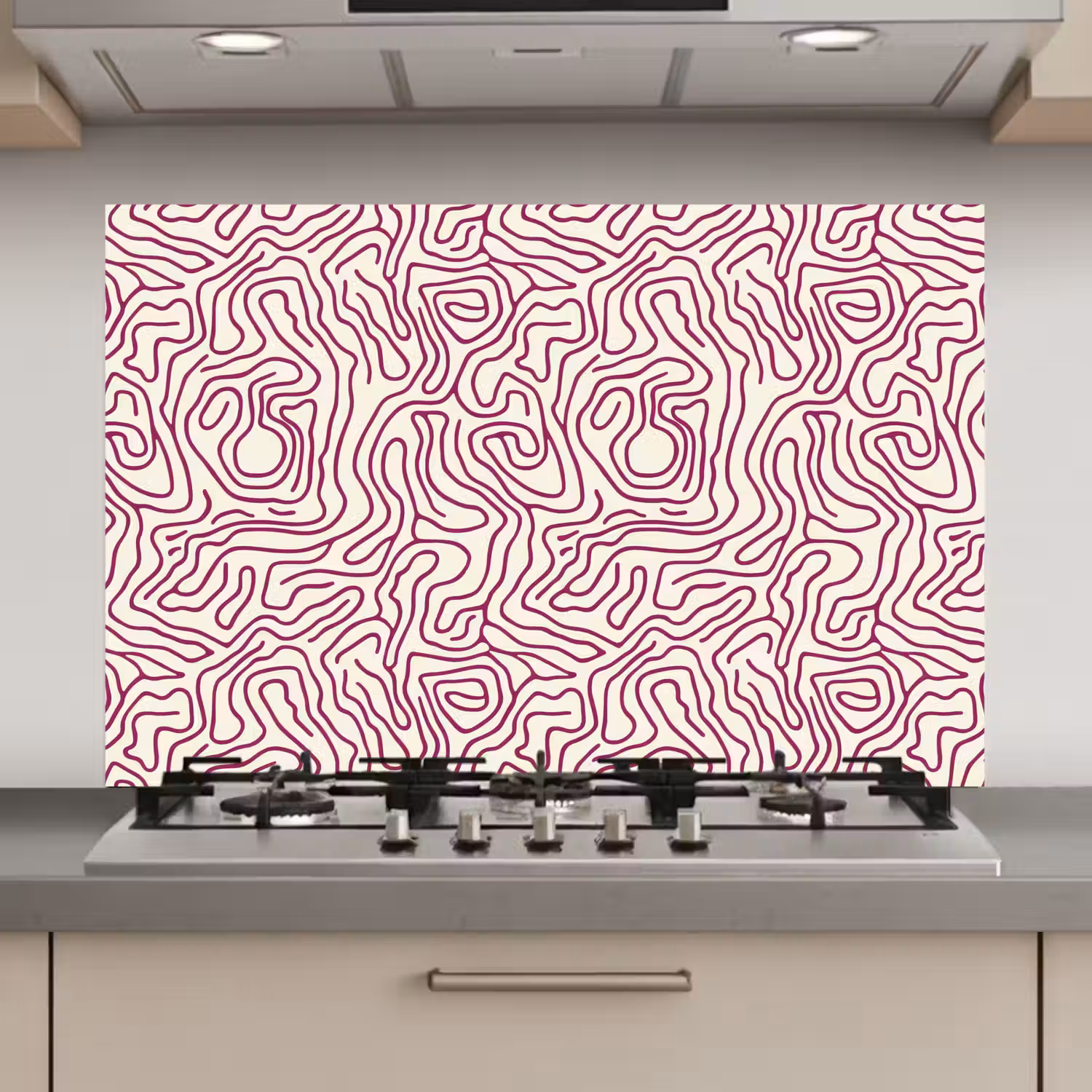 Kronkelende lijn - Magenta - Crème keuken achterwand spatscherm klein 900 -3d_website