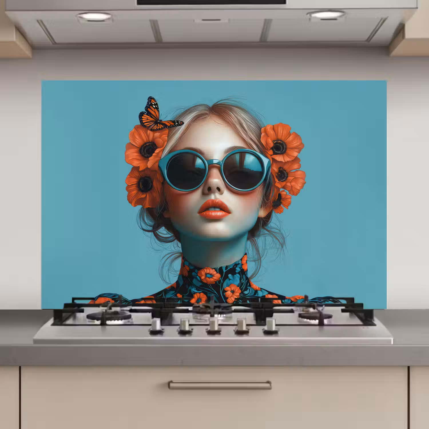 Vrouw - Blauw - Vlinder - Bloemen - Aesthetic keuken achterwand spatscherm klein -3d_website