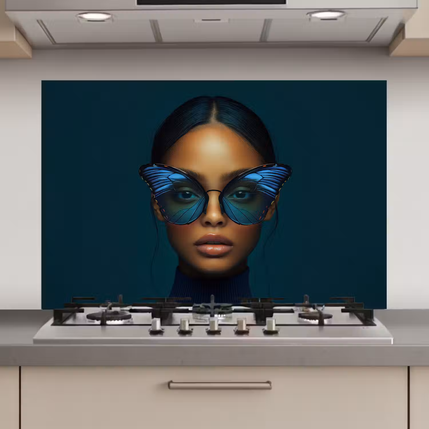 Vrouw - Vlinder - Bril - Blauw - Modern - Portret keuken achterwand spatscherm klein -3d_website
