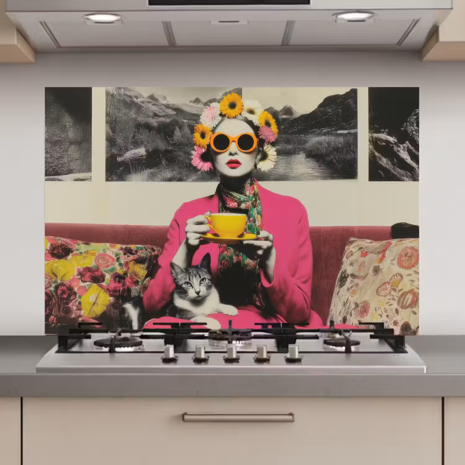 Vrouw - Kat - Bloemen - Kopje - Retro keuken achterwand spatscherm klein -3d_website