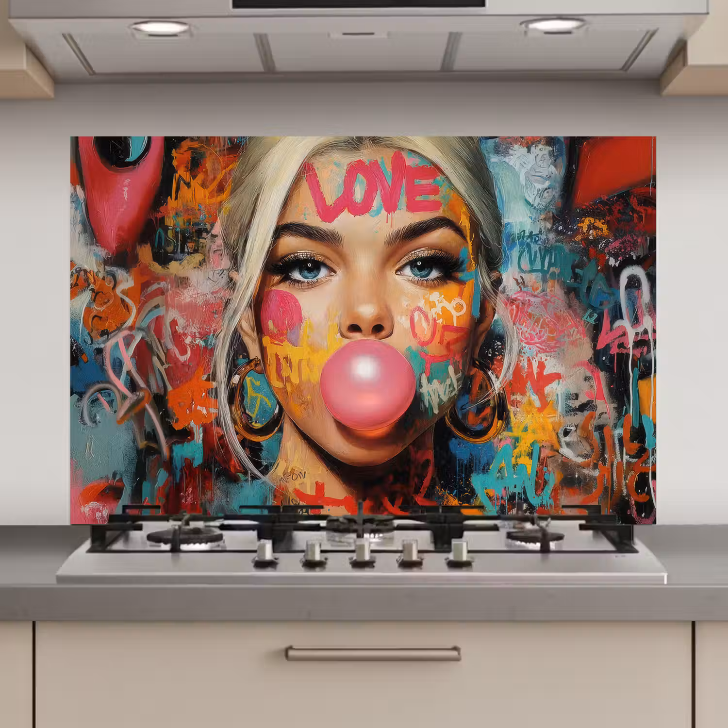 Vrouw - Kauwgom - Graffiti - Love keuken achterwand spatscherm klein -3d_website