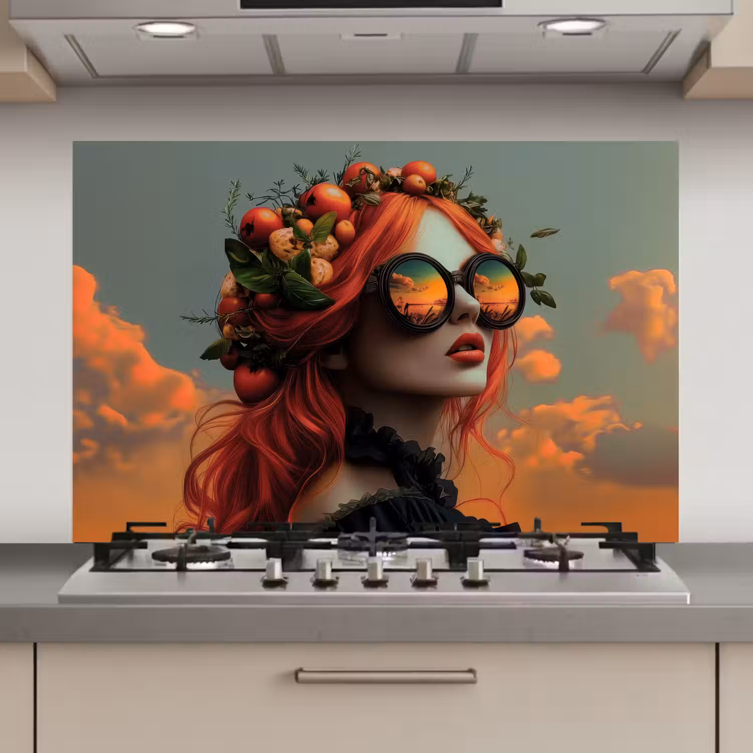Vrouw - Kroon - Tomaat - Bascilicum - Zonnebril keuken achterwand spatscherm klein -3d_website