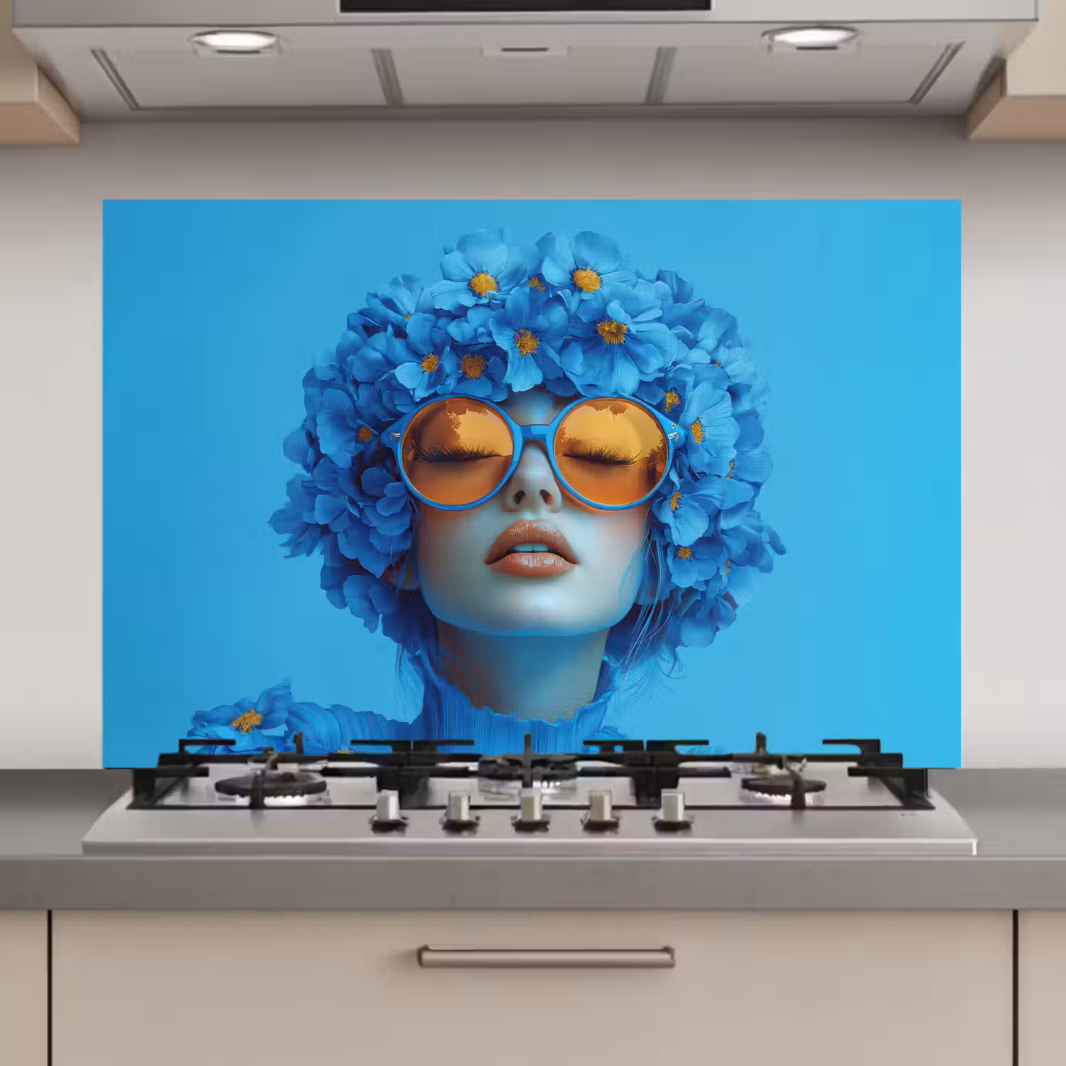 Vrouw - Bloem - Blauw - Modern - Bril - Portret keuken achterwand spatscherm klein -3d_website