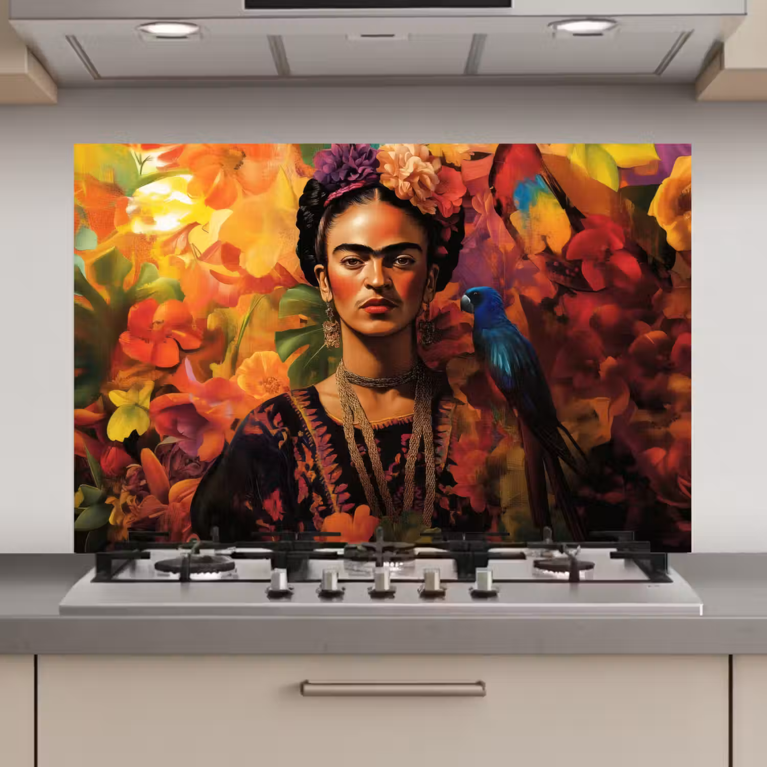 Vrouw - Bloemen - Papegaai - Schilderachtig keuken achterwand spatscherm klein -3d_website
