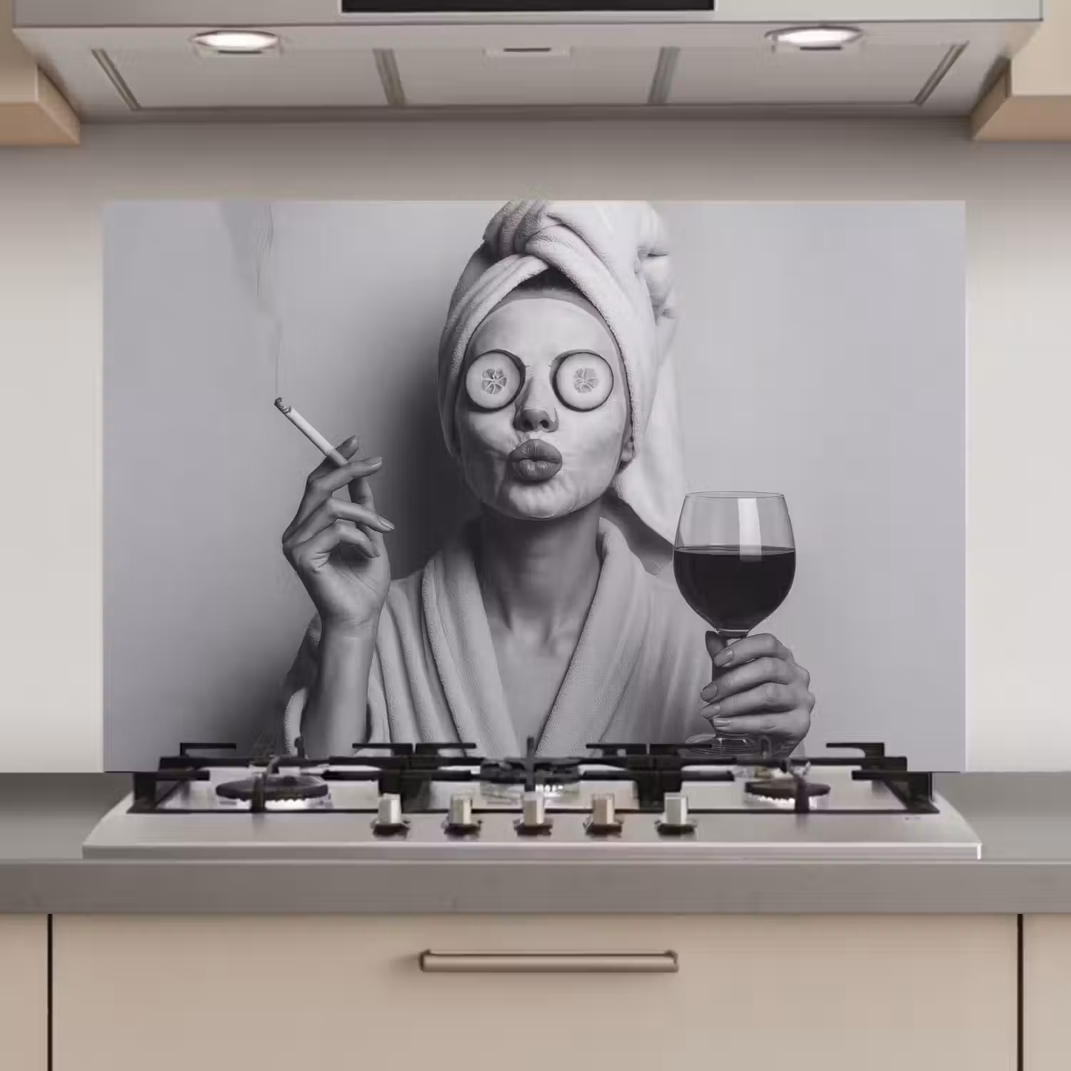 Vrouw - Masker - Wijn - Sigaret keuken achterwand spatscherm klein -3d_website