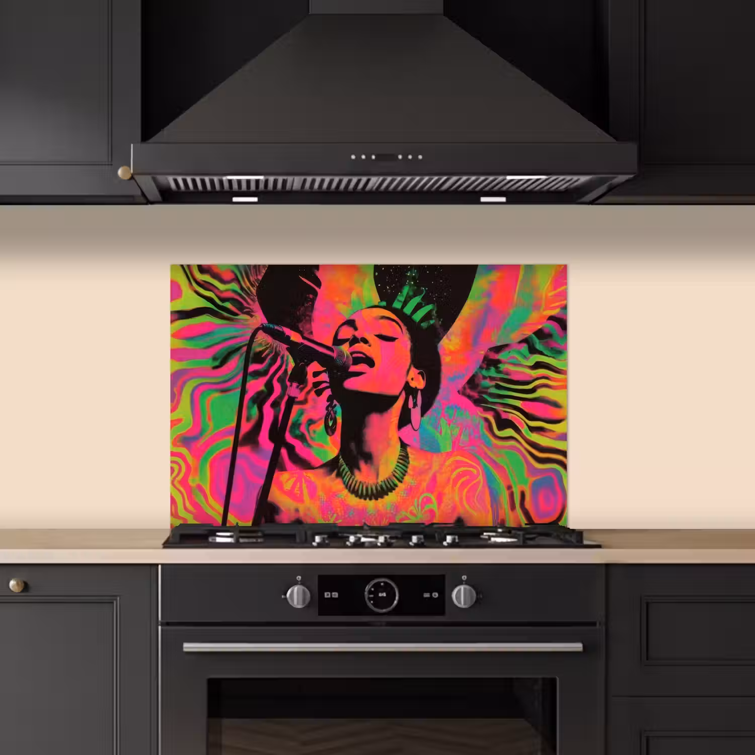 Vrouw - Microfoon - Neon keuken achterwand spatscherm klein -sfeer1