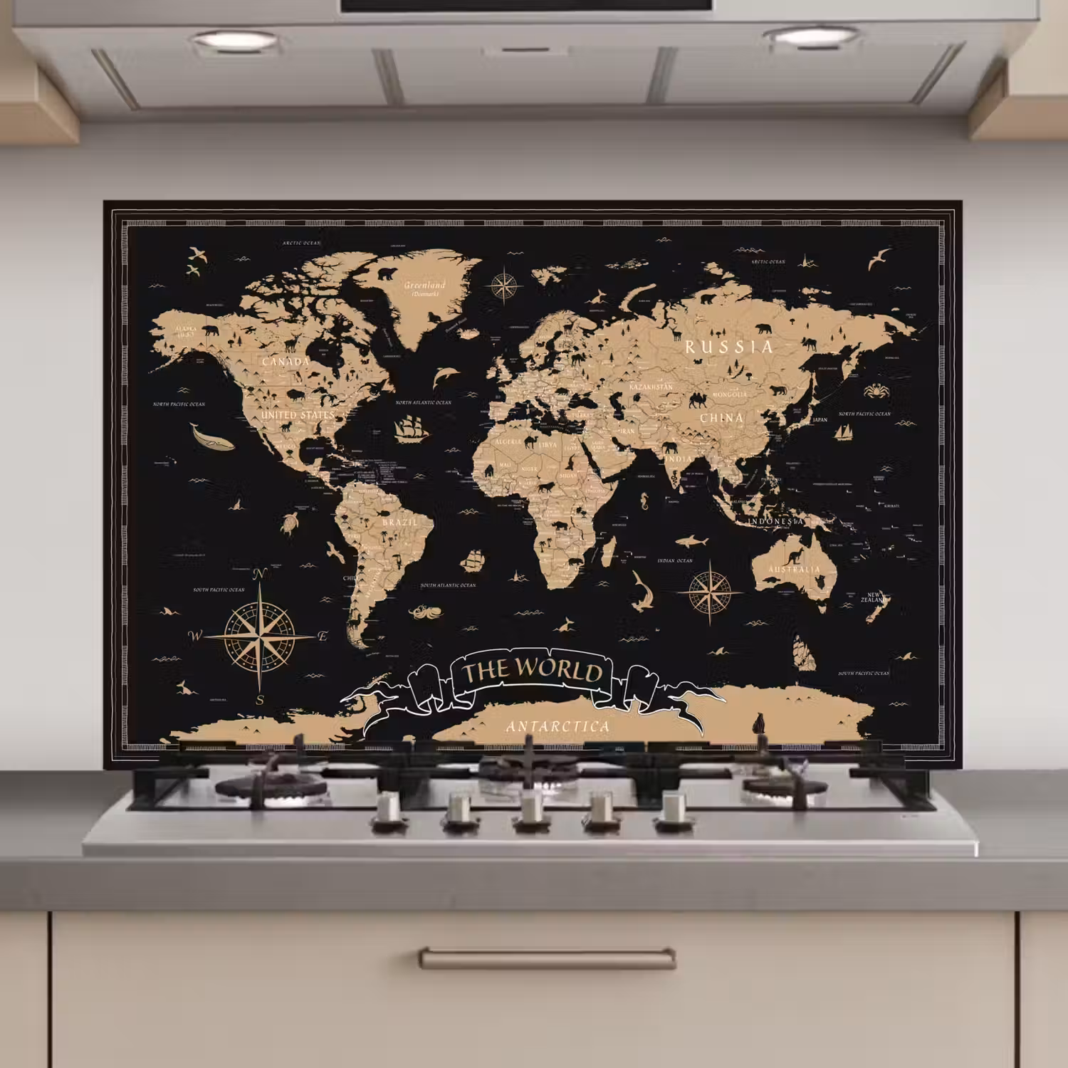 Wereldkaart - Beige - Zwart keuken achterwand spatscherm klein -3d_website