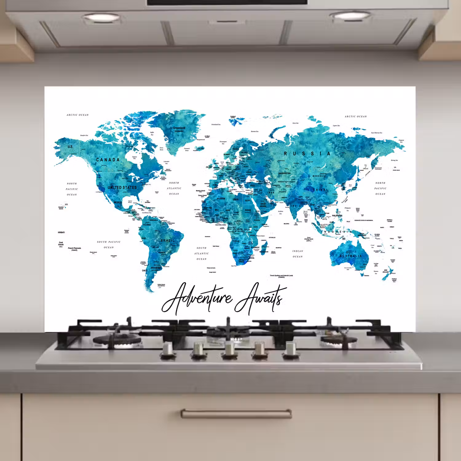 Wereldkaart - Blauw - Kleurrijk keuken achterwand spatscherm klein -3d_website