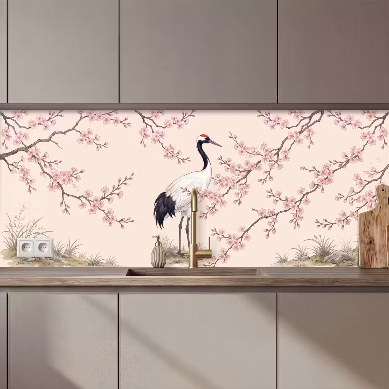 Aziatisch - Kraanvogel - Beige keuken achterwand 2 middel zz_3dshopping