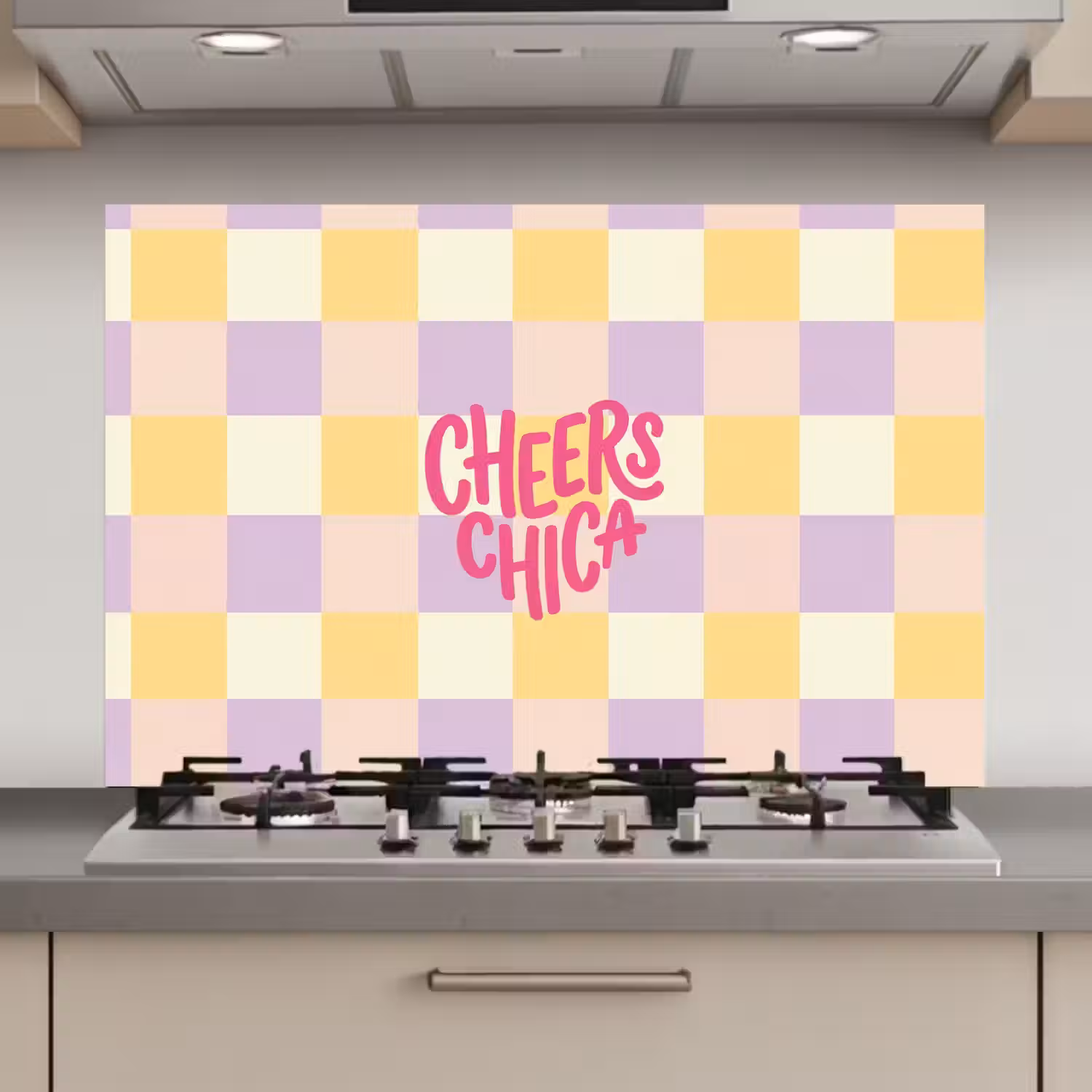 Cheers Chica - Ruitjes - Lila - Geel keuken achterwand spatscherm klein -3d_website