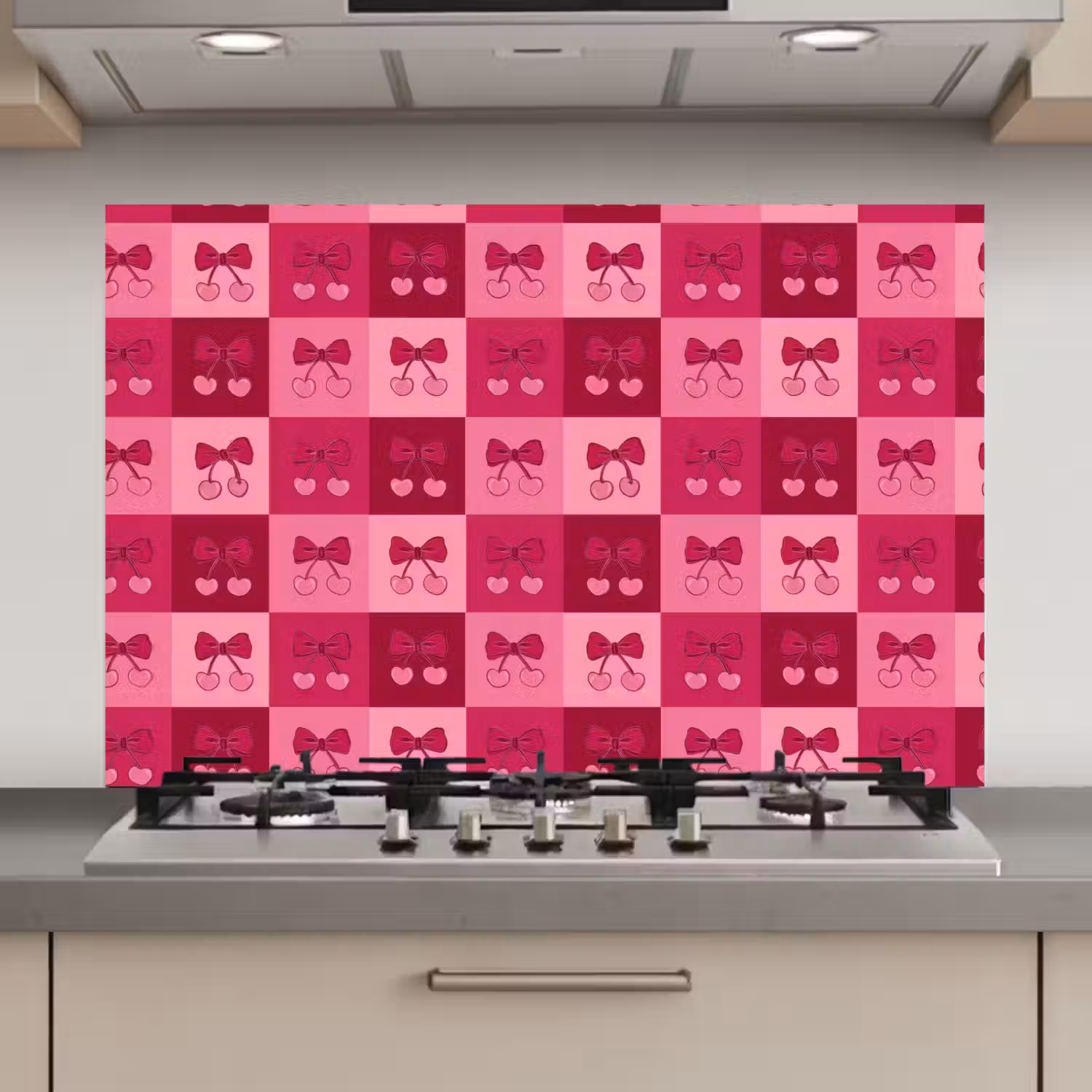 Kersen - Strikjes - Speels - Roze - Bordeaux keuken achterwand spatscherm klein 900 -3d_website