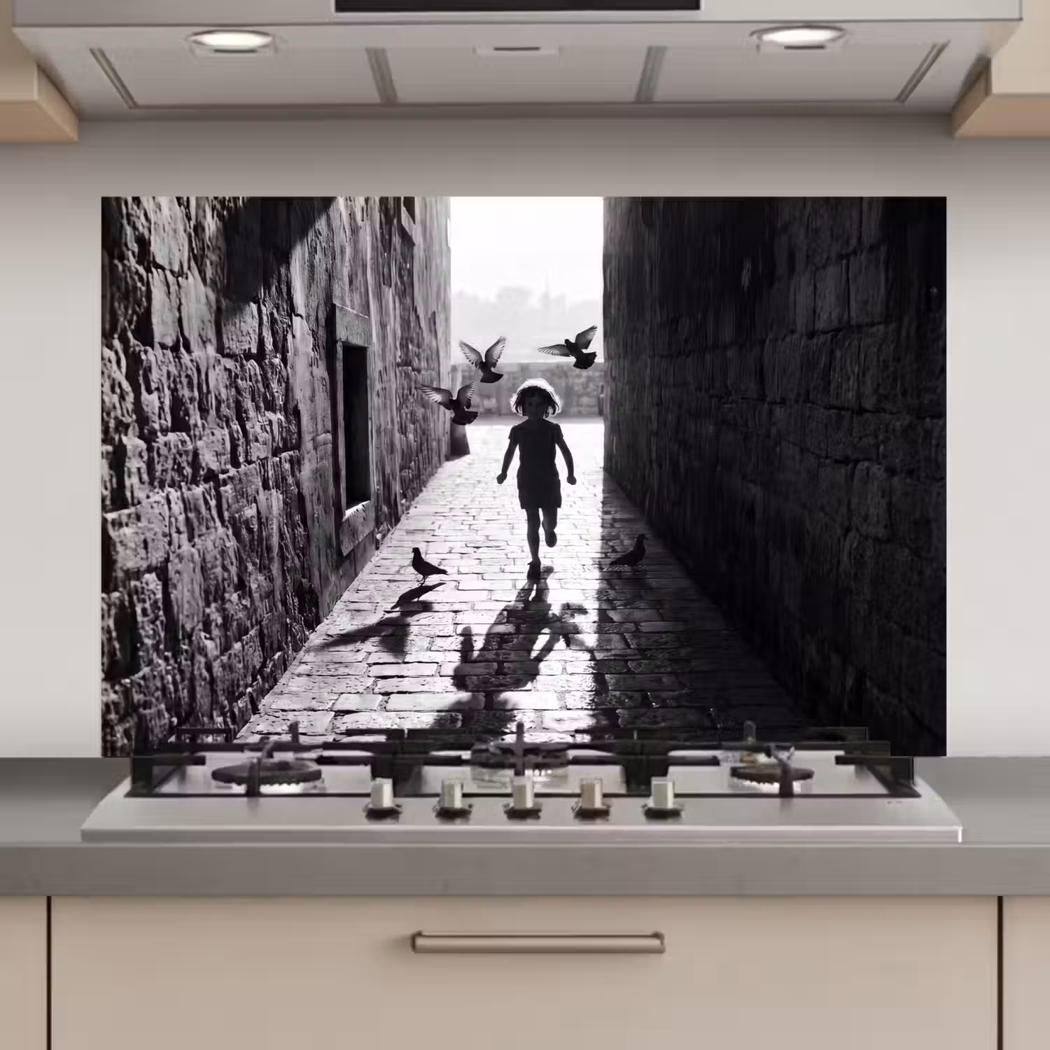 Kind - Vogel - Straat - Zwart-wit - Spelen keuken achterwand spatscherm klein -3d_website