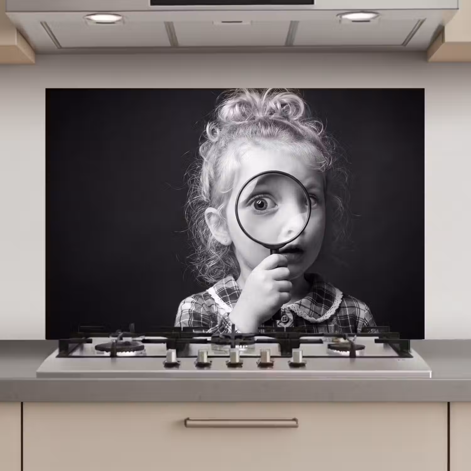 Kind - Vergrootglas - Portret - Zwart-wit keuken achterwand spatscherm klein -3d_website
