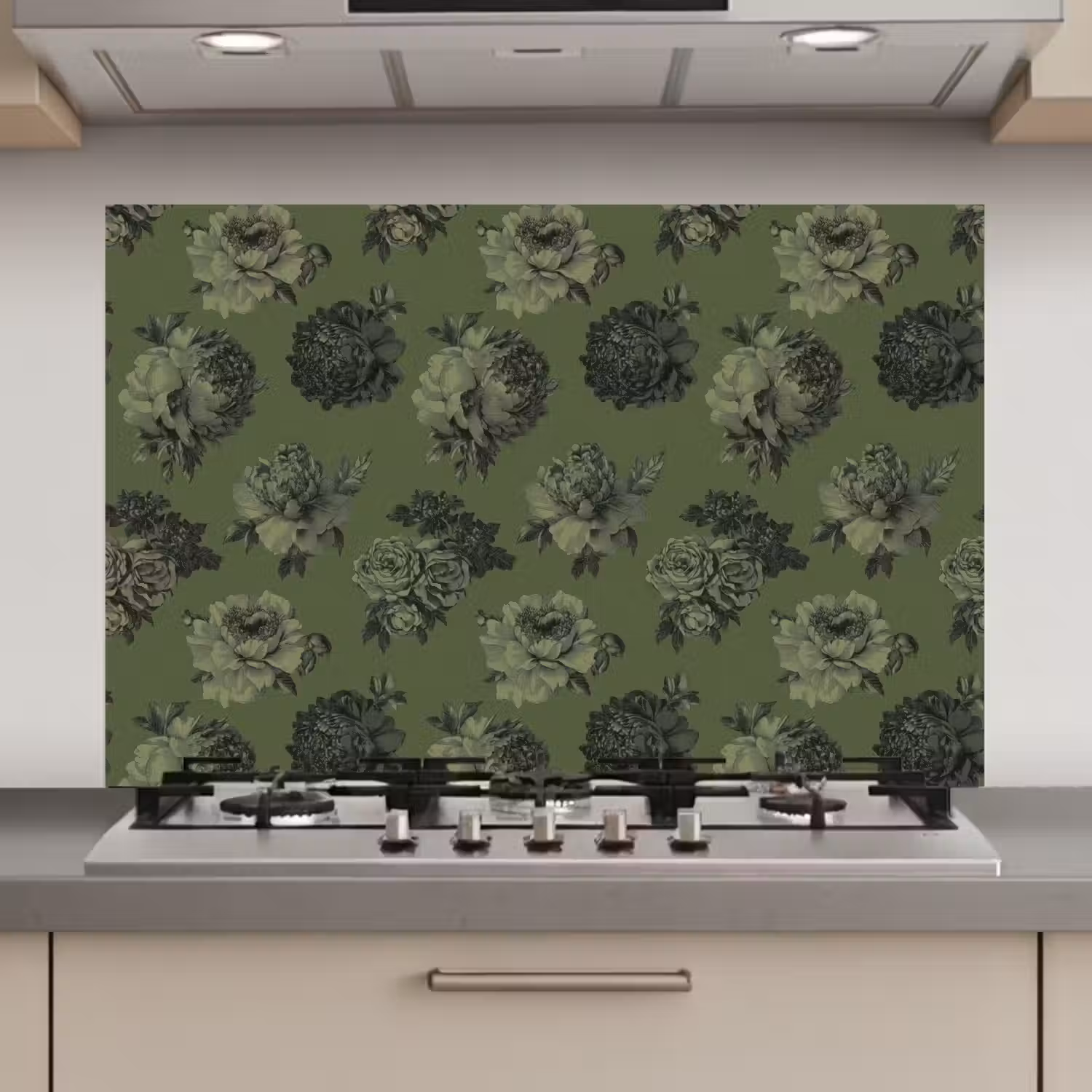 Klassiek - botanisch - olijfgroen - bloemen keuken achterwand spatscherm klein 900 -3d_website