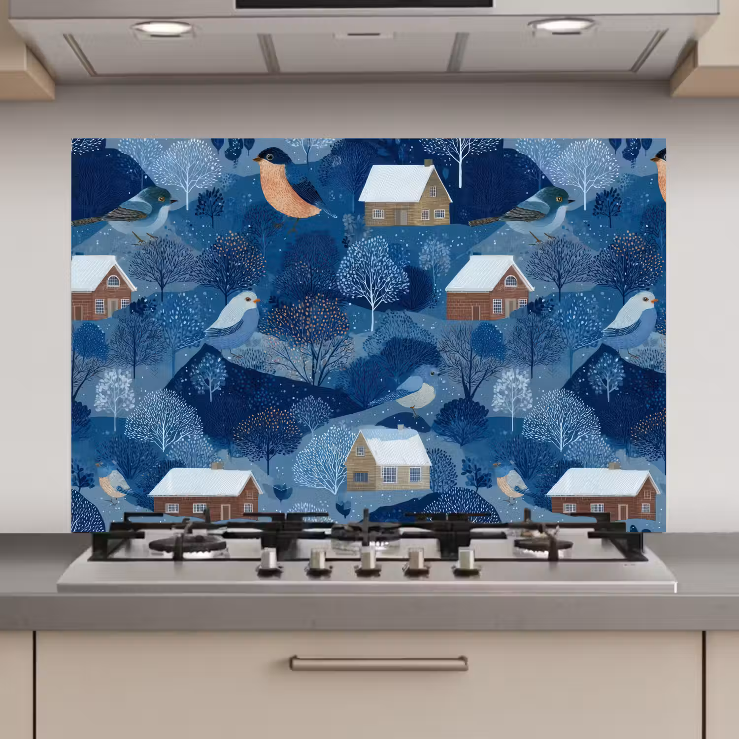 Huisjes - Vogels - Sneeuw - Winter - Blauw keuken achterwand 2 middel 871 zz_3dshopping