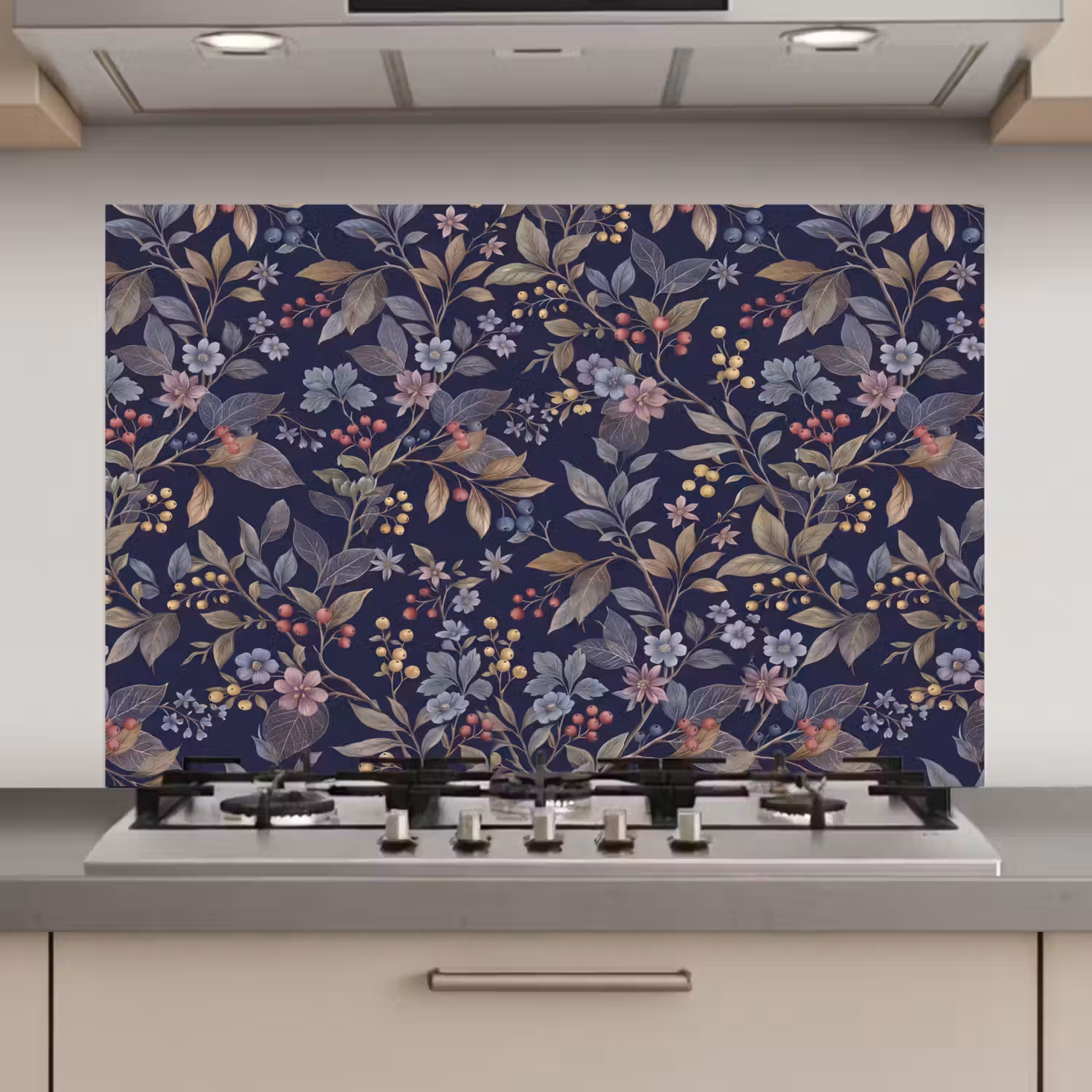 Bloemen - Bladeren - Patroon - Botanisch - Donkerblauw keuken achterwand spatscherm klein -3d_website