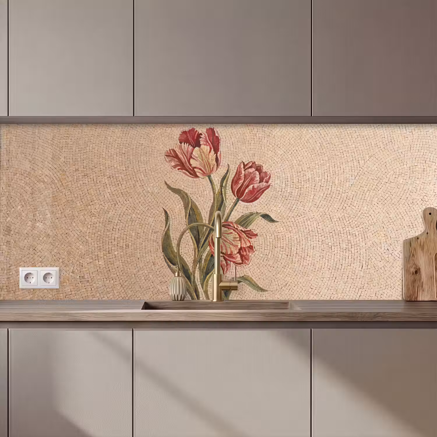 Bloemen - Mozaïek - Rood - Groen - Kunst keuken achterwand 2 middel zz_3dshopping