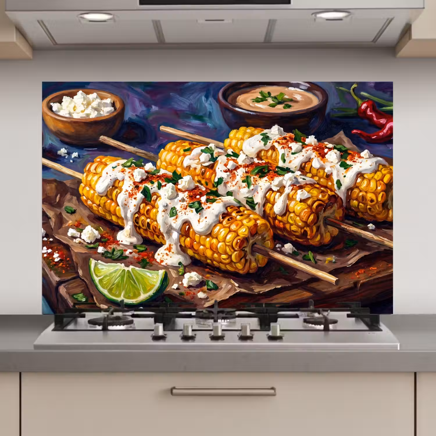 Eten - Maïs - Saus - Geschilderd - Geel keuken achterwand spatscherm klein -3d_website