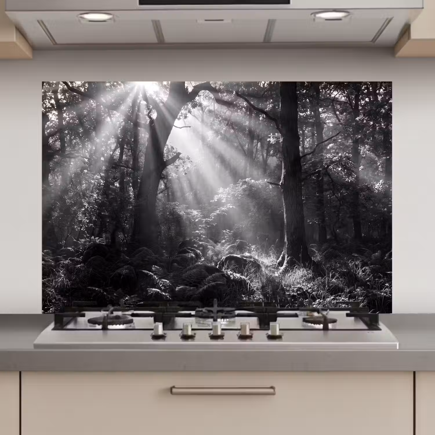 Bos - Lichtstralen - Natuur - Zwart-wit keuken achterwand spatscherm klein -3d_website