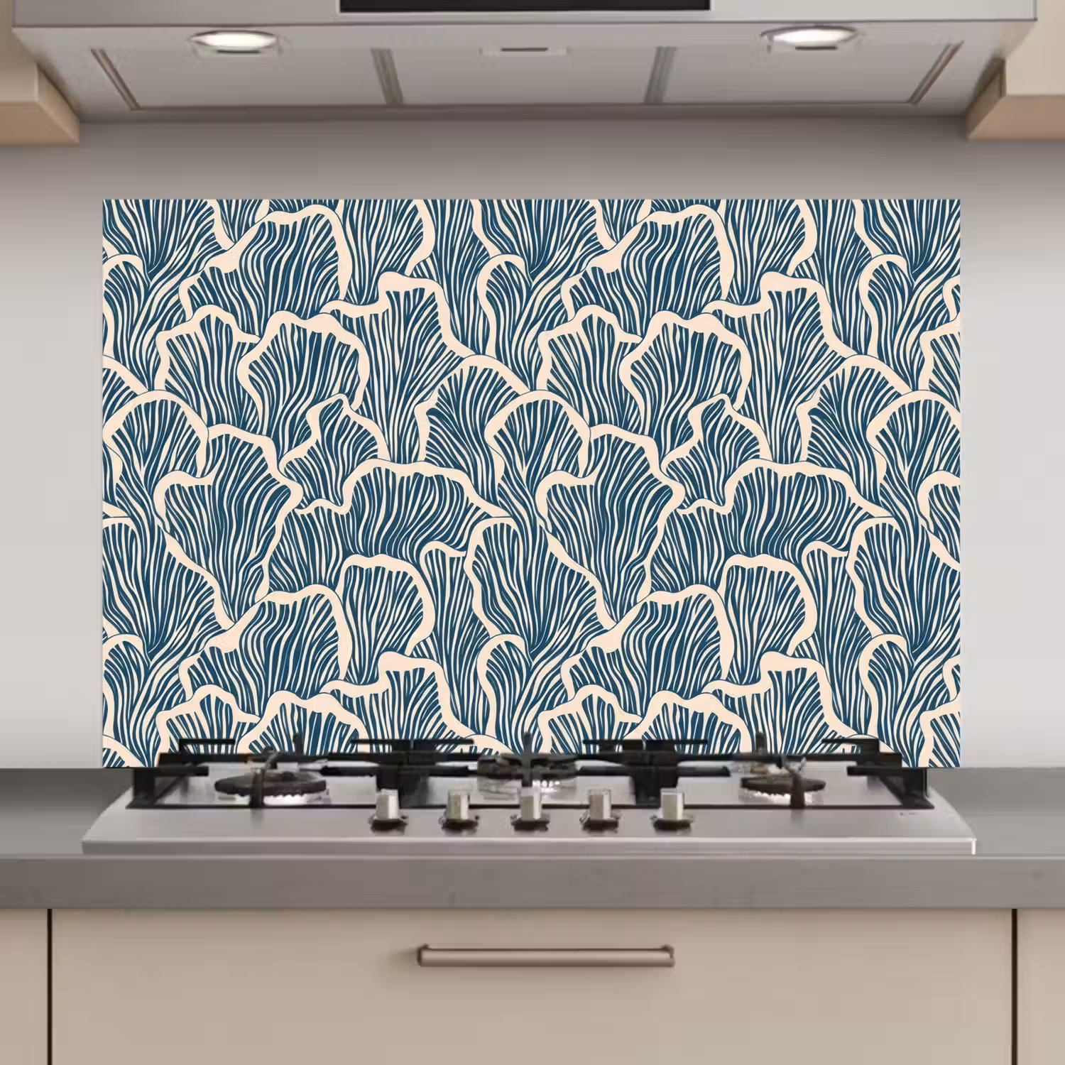 Organisch - Blauw - Crème - Schelpen keuken achterwand spatscherm klein 900 -3d_website