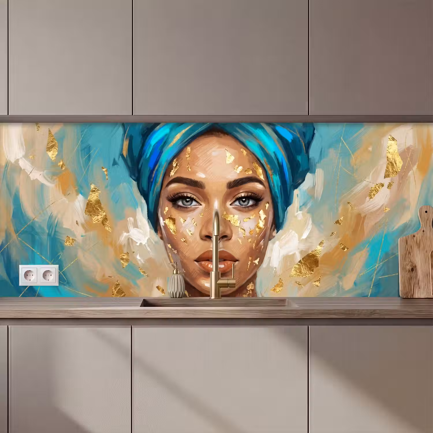 Portret - Vrouw - Schilderij - Blauw - Goud - Expressief keuken achterwand 2 middel zz_3dshopping
