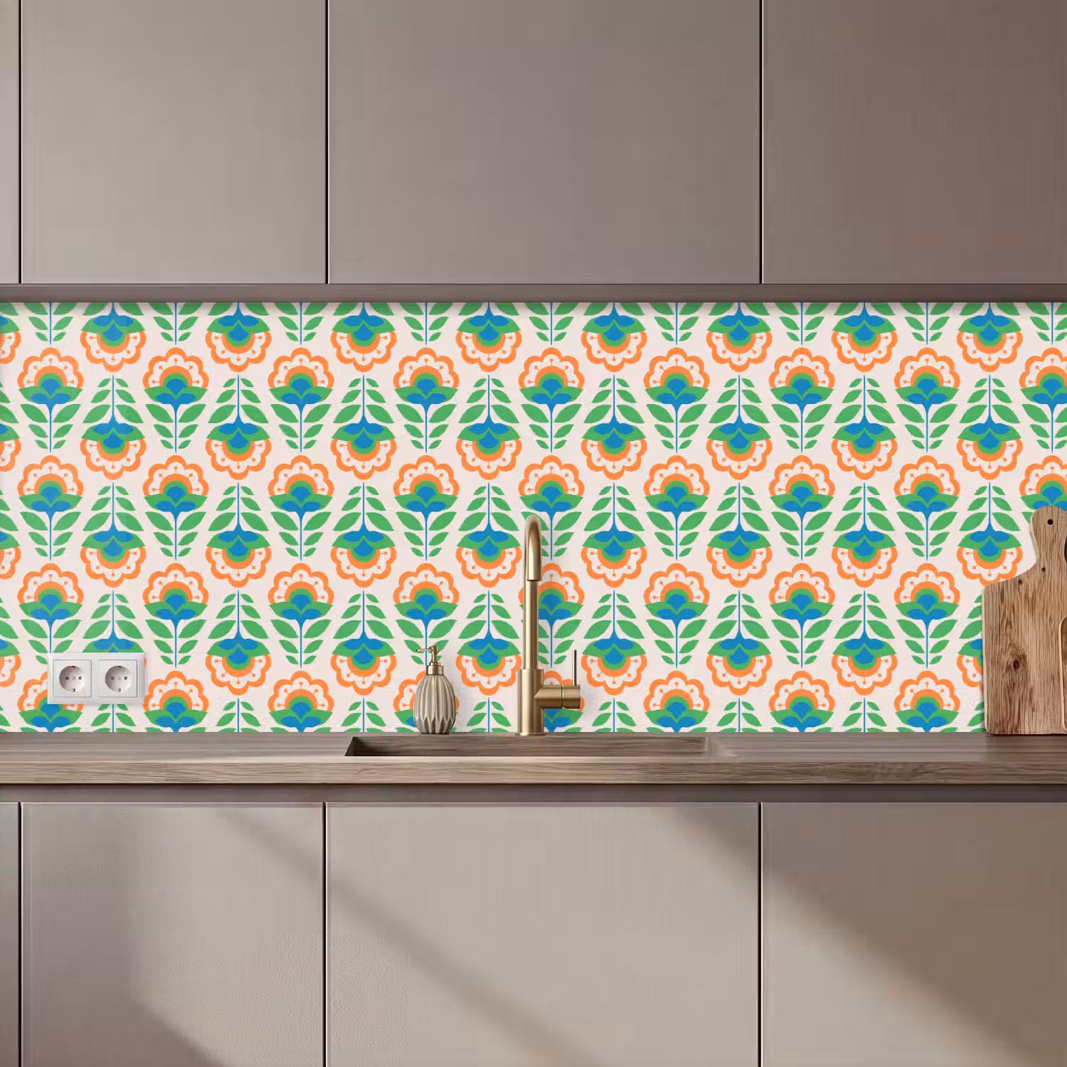 Retro - Bloemen - Design - Groen - Oranje keuken achterwand 2 middel 871 zz_3dshopping