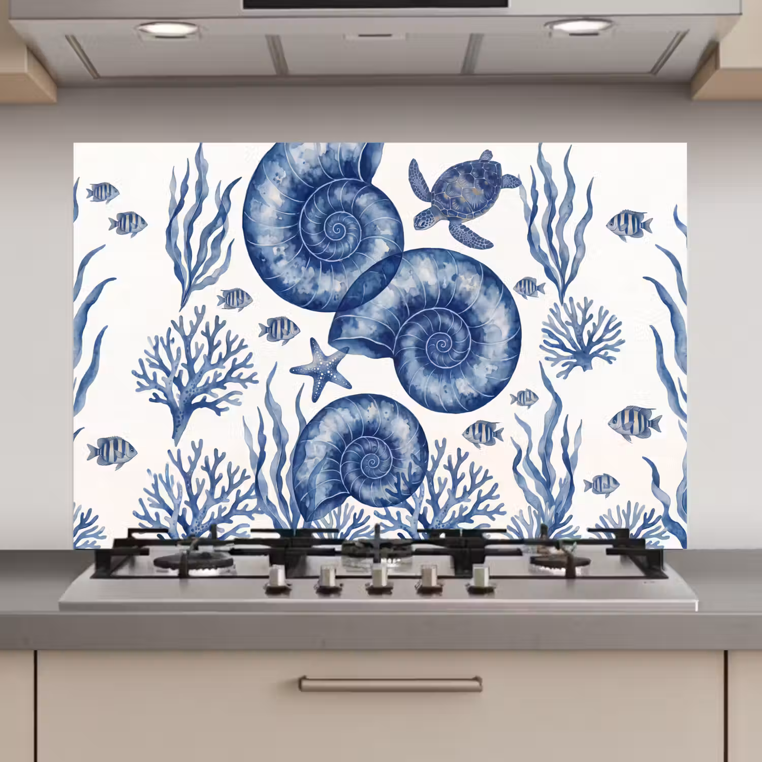 Schelp - Spiraal - Zeeleven - Aquarel - Blauw keuken achterwand spatscherm klein -3d_website