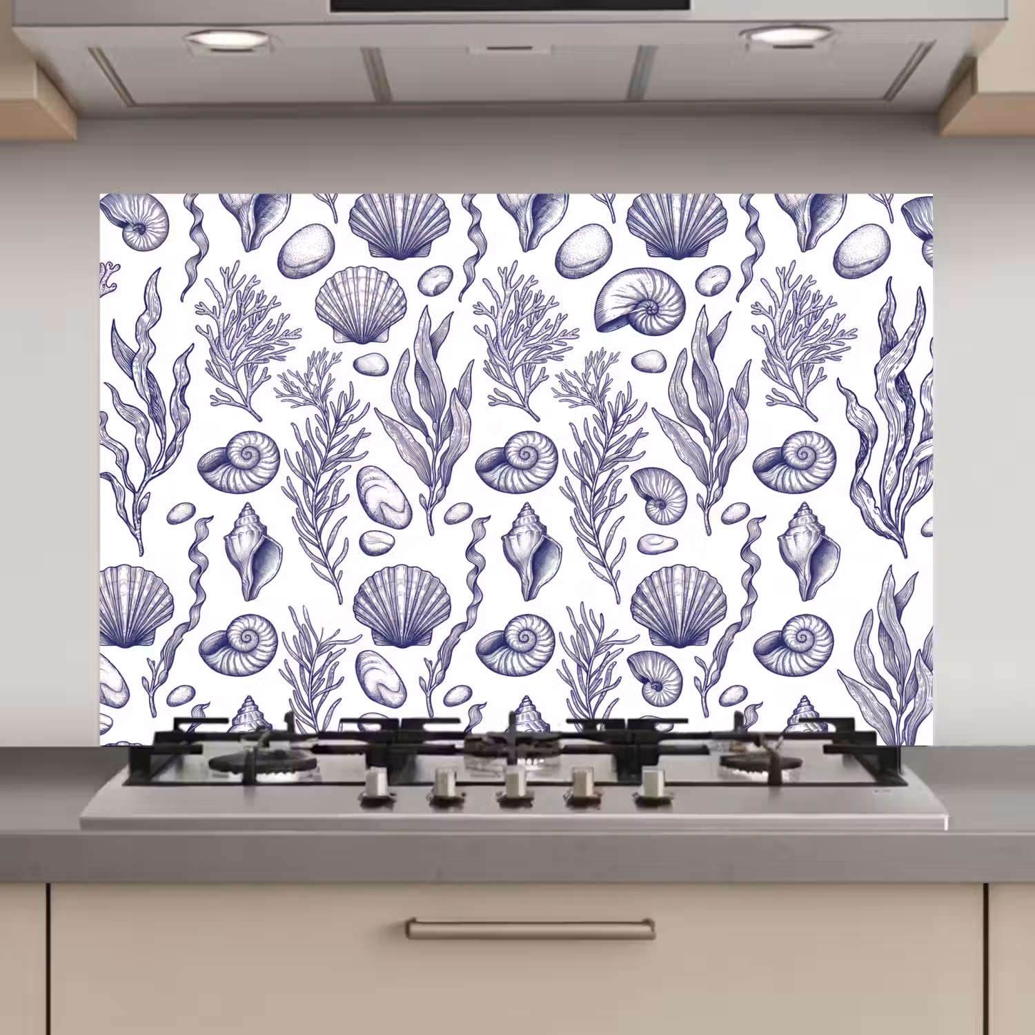 Schelpen - Zeewier - Oceaan - Illustratie - Blauw keuken achterwand spatscherm klein -3d_website