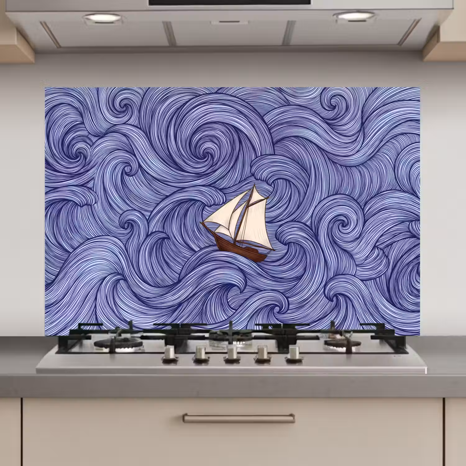 Schip - Golven - Zee - Illustratie - Blauw keuken achterwand spatscherm klein -3d_website