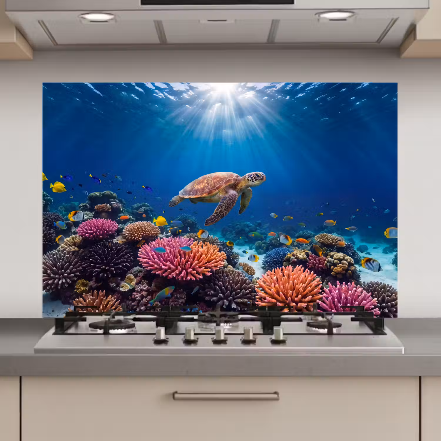 Schildpad - Koraalrif - Oceaan - Dieren - Blauw keuken achterwand spatscherm klein -3d_website