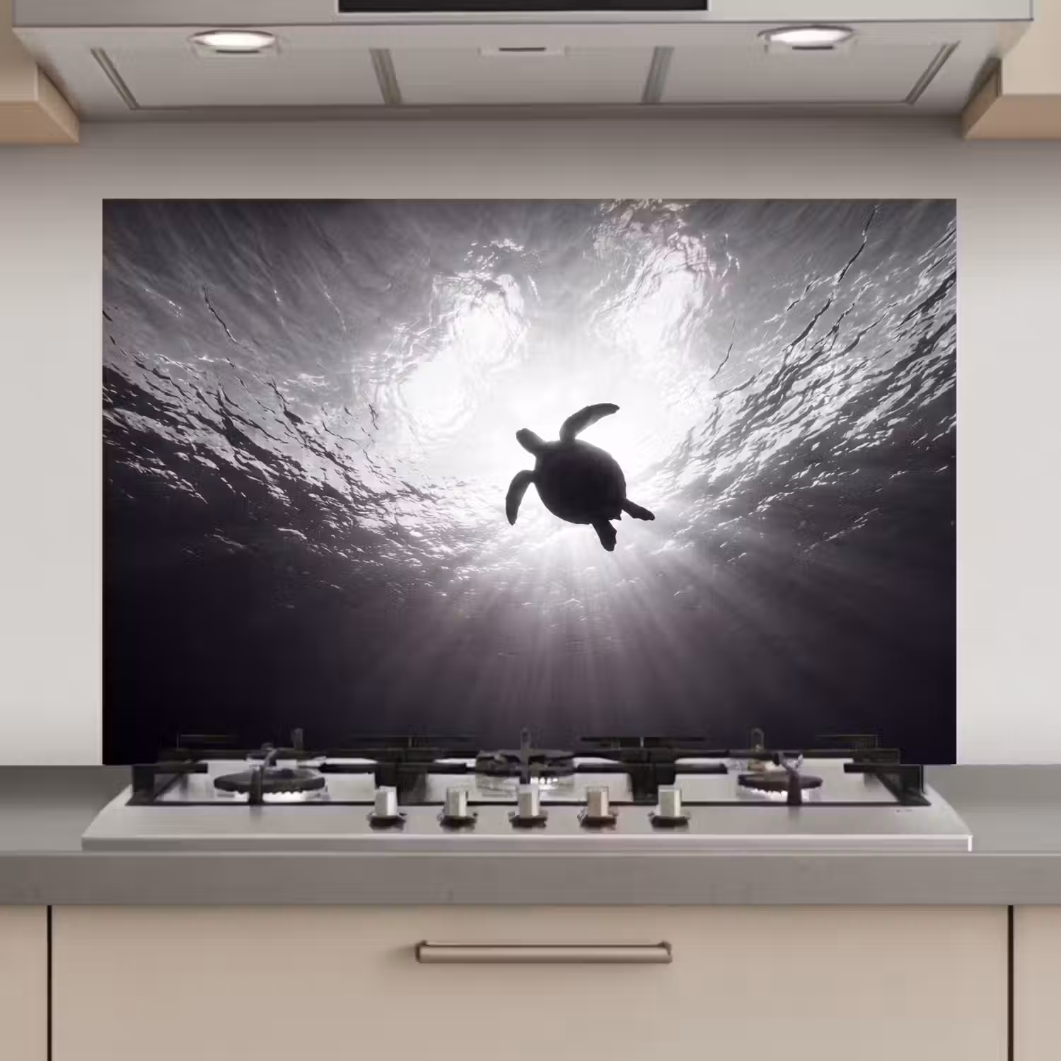 Schildpad - Onderwater - Lichtstralen - Oceaan - Zwart-wit keuken achterwand spatscherm klein -3d_website
