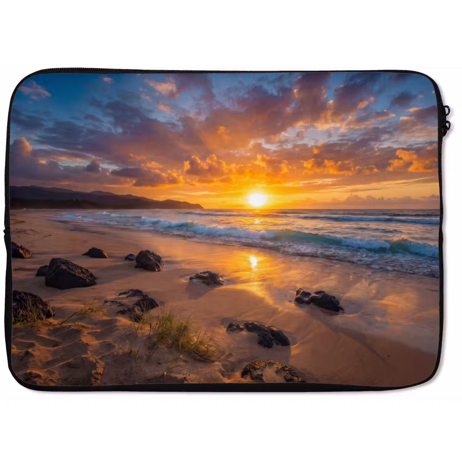 Strand - Zonsondergang - Golven - Natuur - Oranje laptophoes neopreen klein -zkaufland3dotto