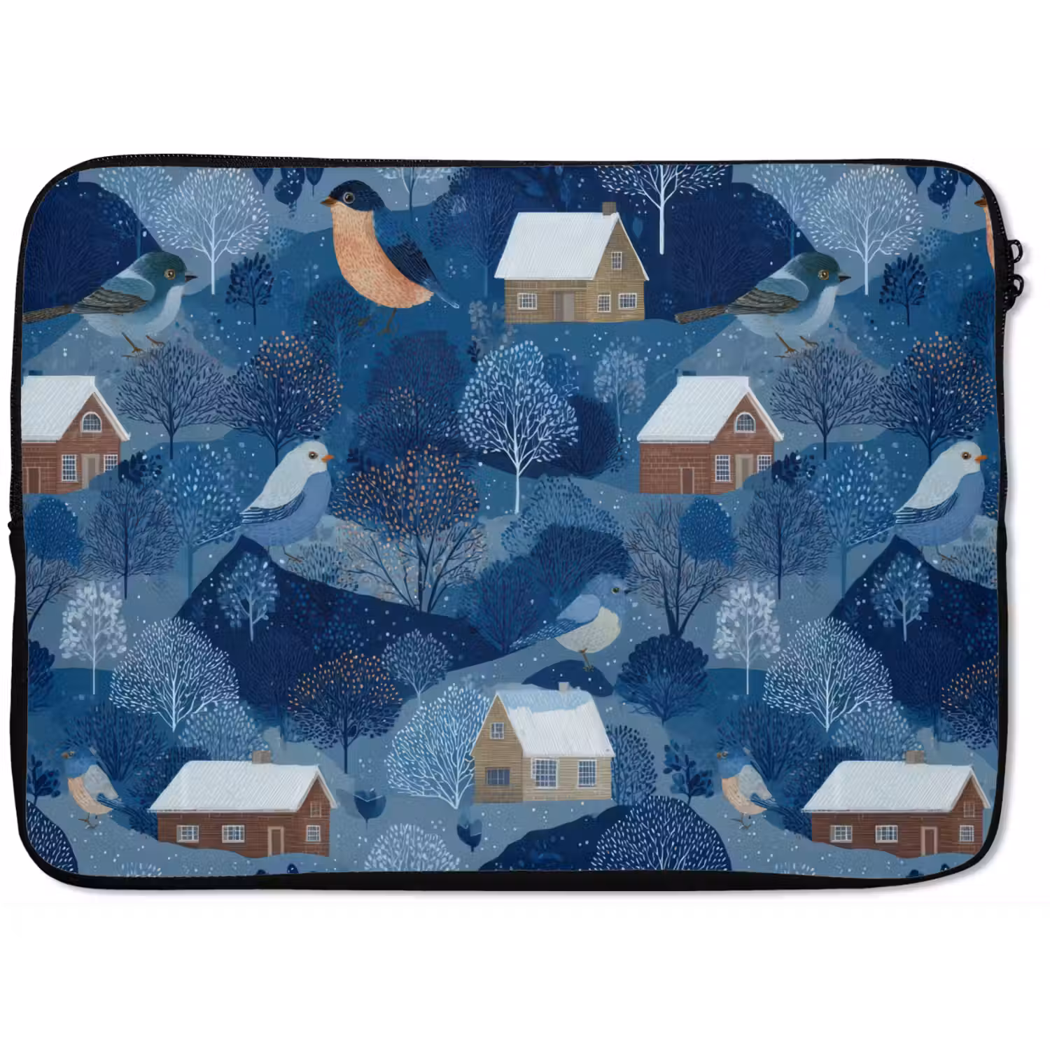 Huisjes - Vogels - Sneeuw - Winter - Blauw laptophoes neopreen klein 279 -zkaufland3dotto