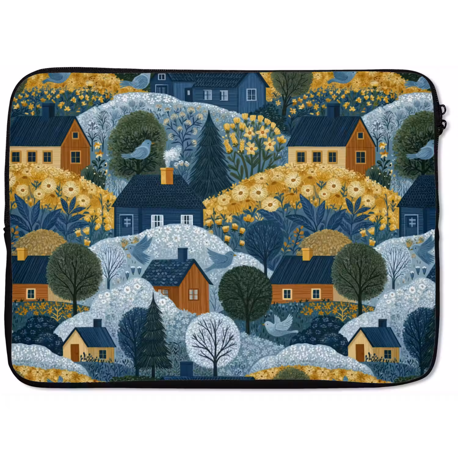 Huisjes - Bloemen - Patroon - Geel - Blauw laptophoes neopreen klein 279 -zkaufland3dotto