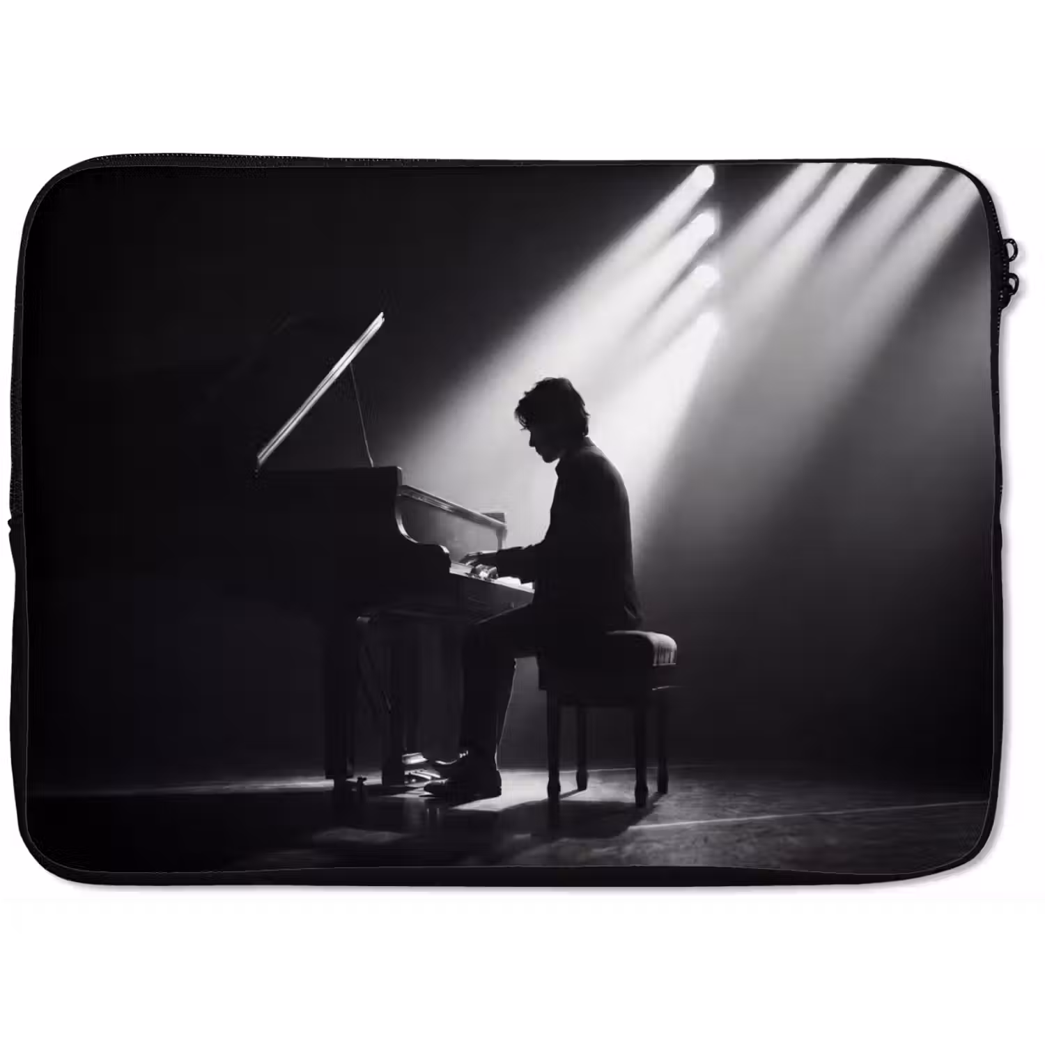 Persoon - Piano - Muziek - Zwart-wit - Podium laptophoes neopreen klein -zkaufland3dotto