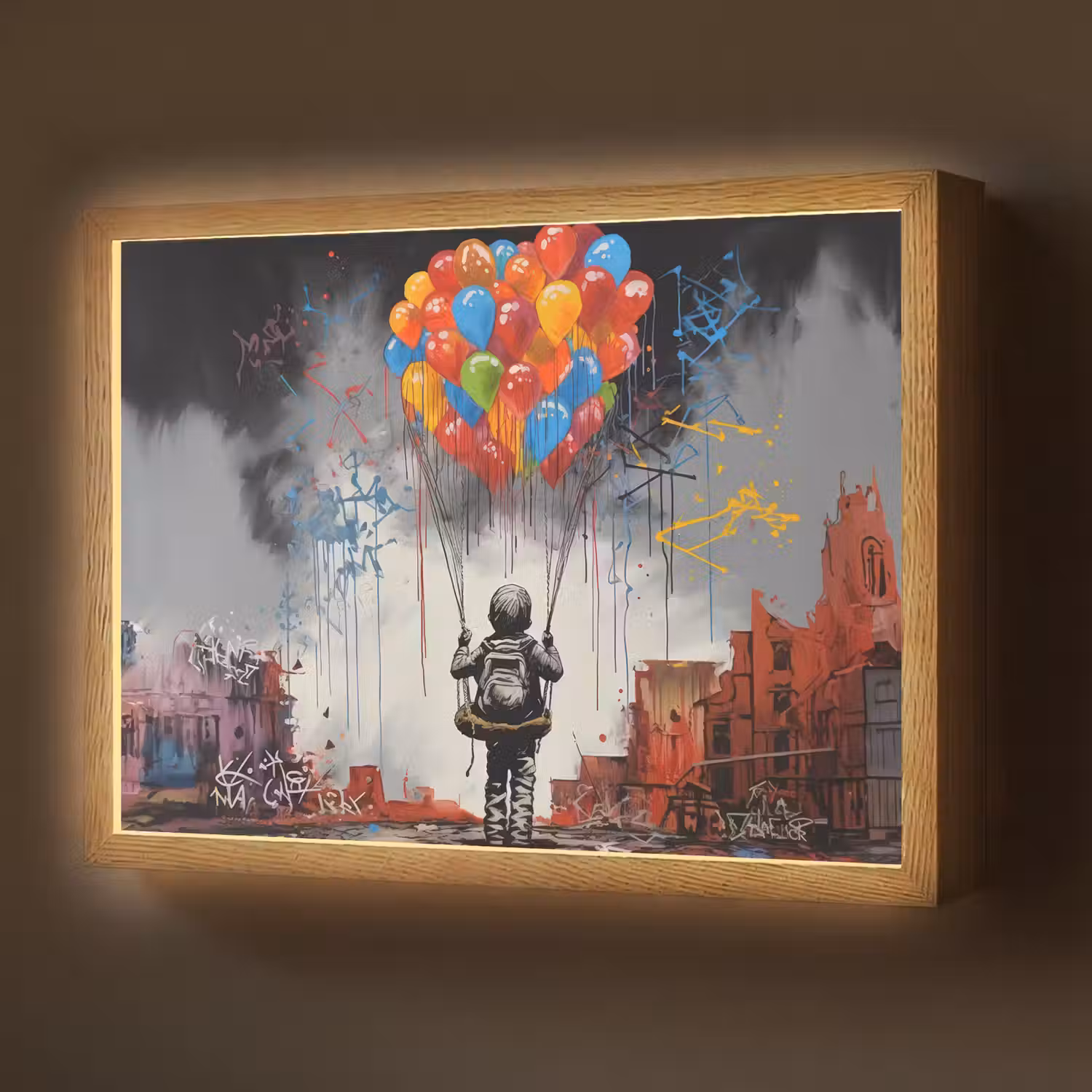 Jongen - Ballonnen - Gebouwen - Kunst Light Box met batterij (Wandlamp) middel -z3d_website