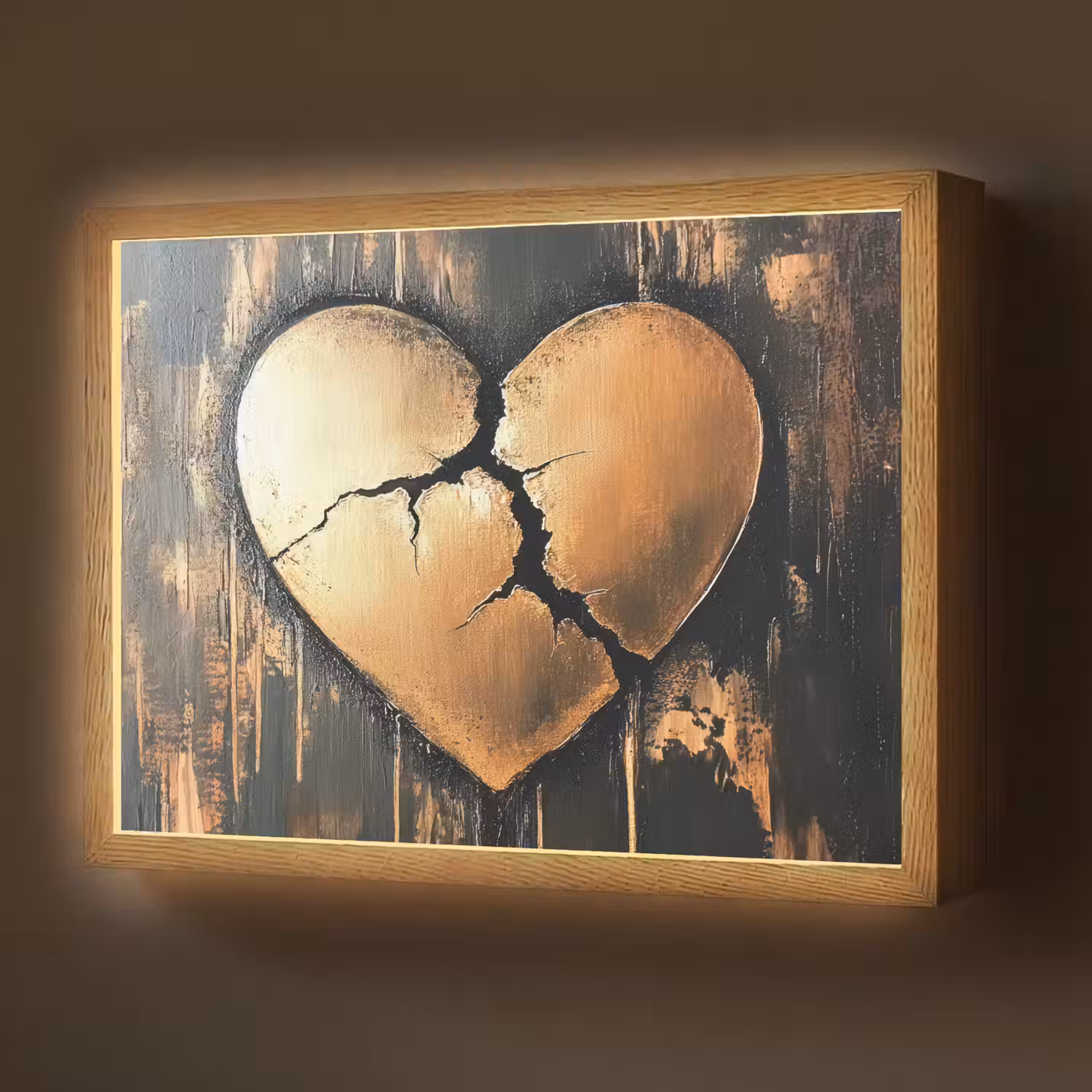 Gebroken hart - Goud - Houtlook - Liefde Light Box met batterij (Wandlamp) middel -z3d_website