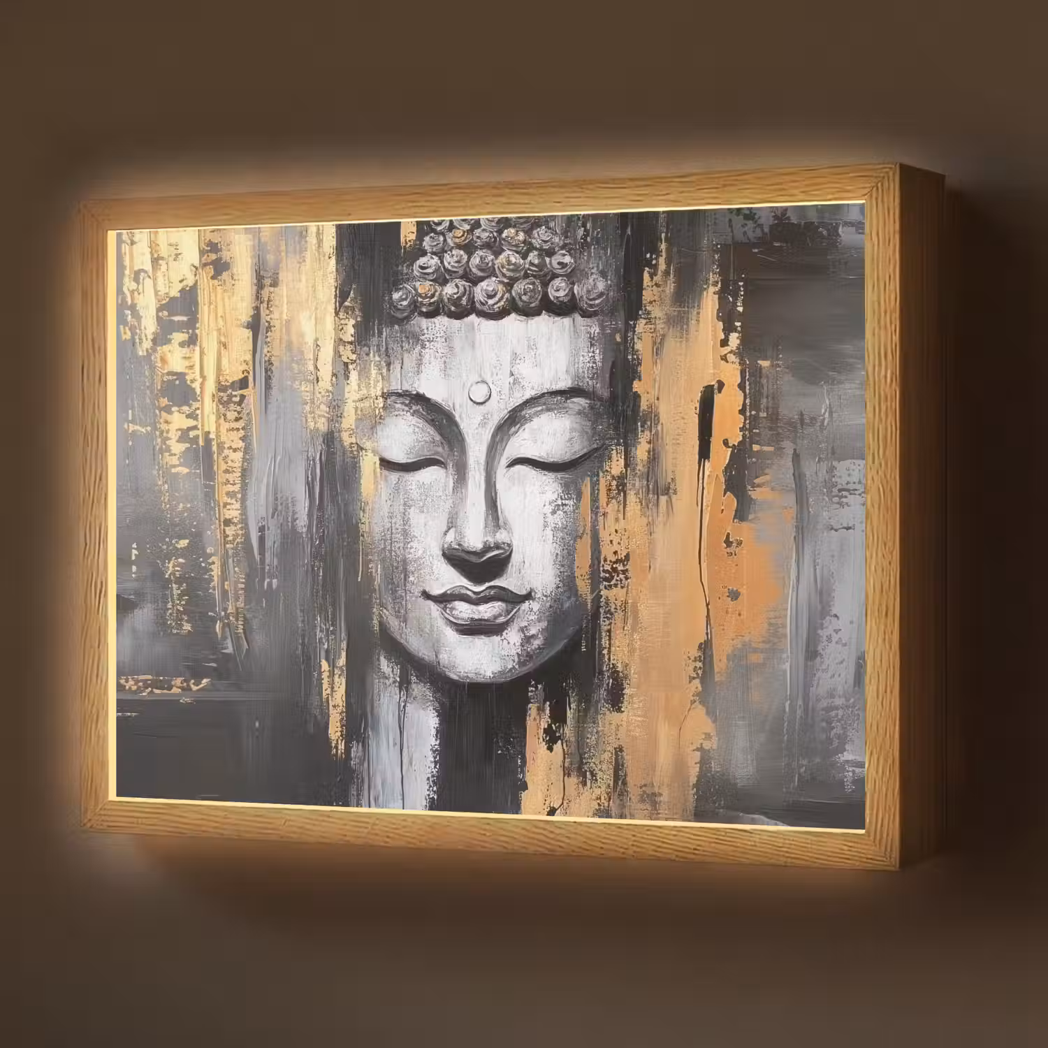 Boedhha - Penseelstreken - Goud - Abstract Light Box met batterij (Wandlamp) middel -z3d_website