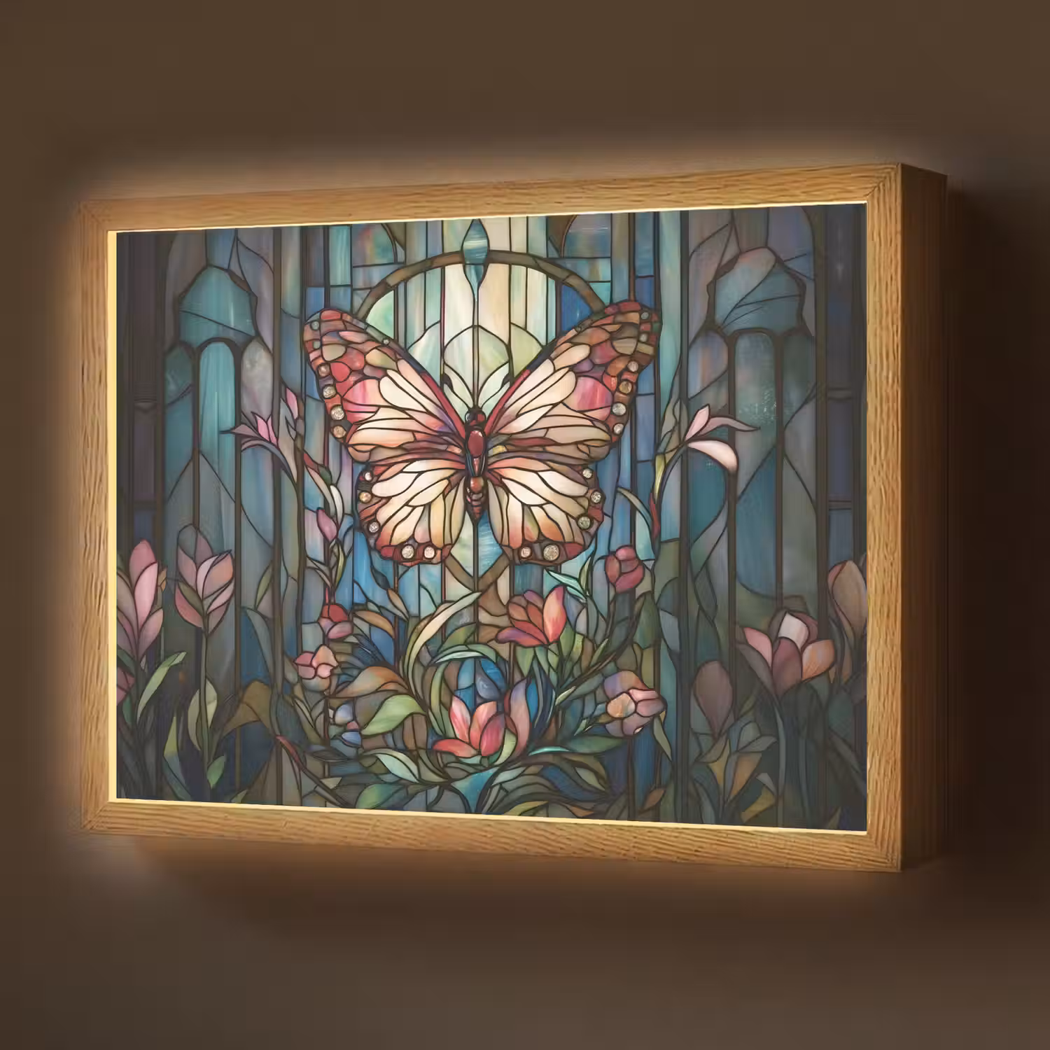 Vlinder - Roze - Bloemen - Bladeren Light Box met batterij (Wandlamp) middel -z3d_website