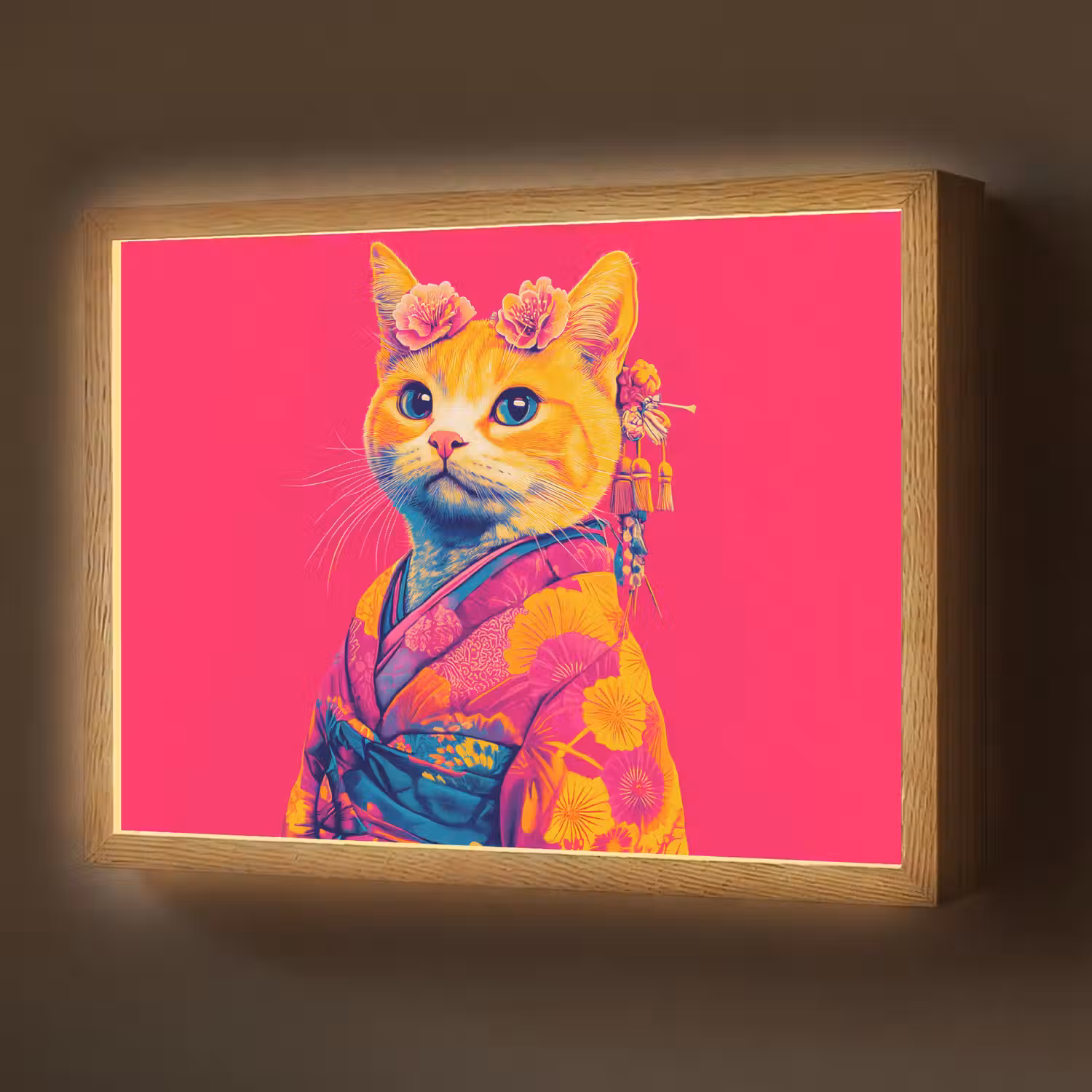 Kat - Kimono - Bloemen - Roze Light Box met batterij (Wandlamp) middel -z3d_website