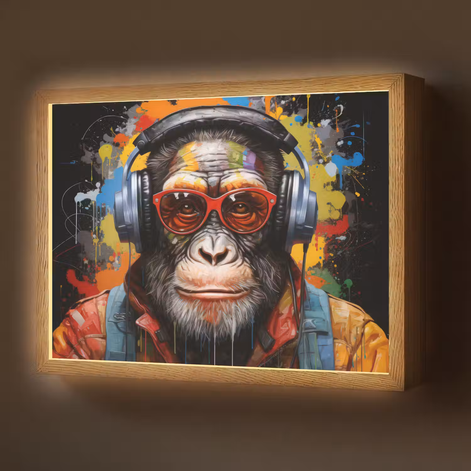 Chimpansee - Aap - dieren - Graffiti - Bril - Koptelefoon - Kleuren Light Box met batterij (Wandlamp) middel -z3d_website